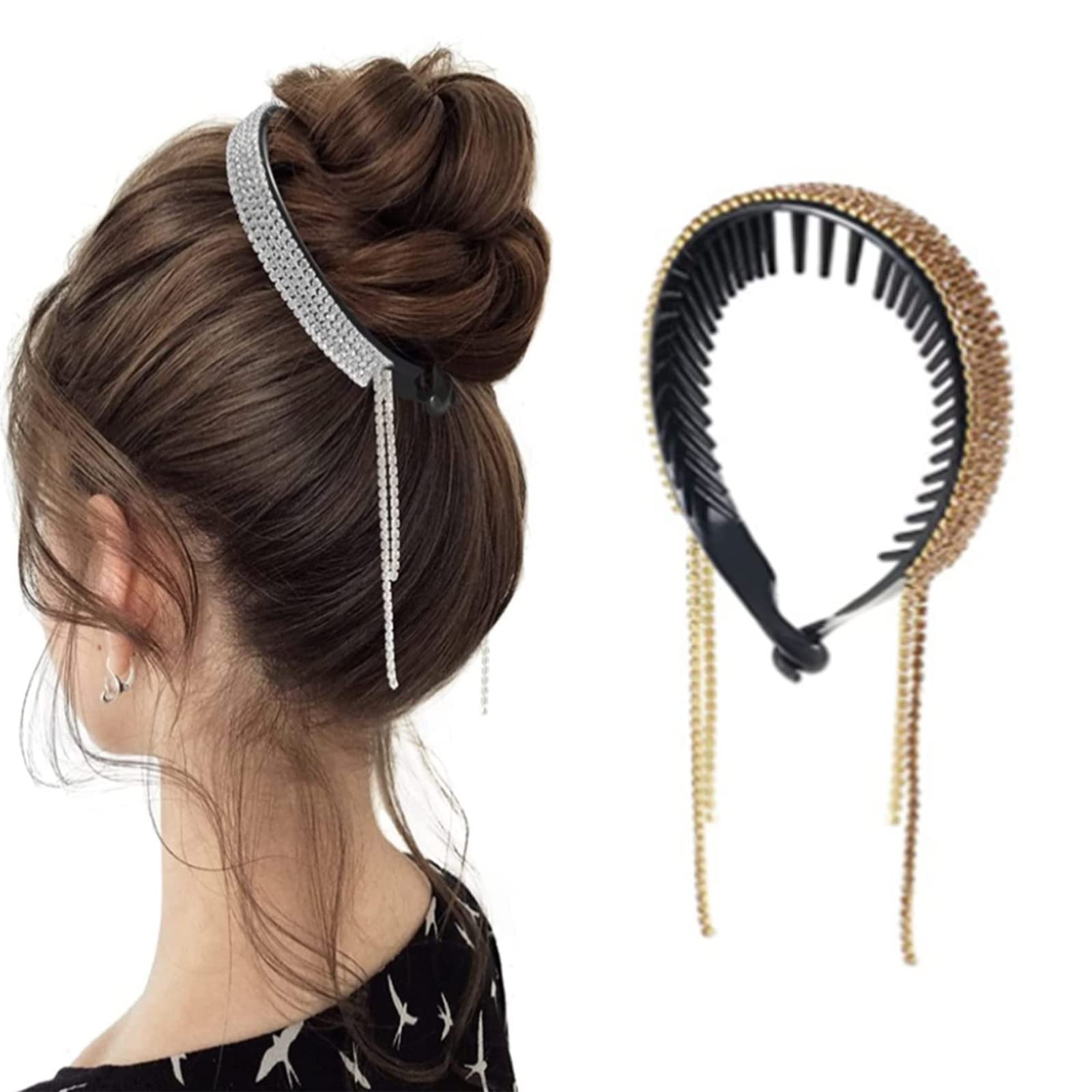 Elegant Rhinestone Tassel Ponytail Hair Clip with Diamond Accents - Golden Ladies Fashion Hair Accessory for Parties, Weddings & Special Occasions