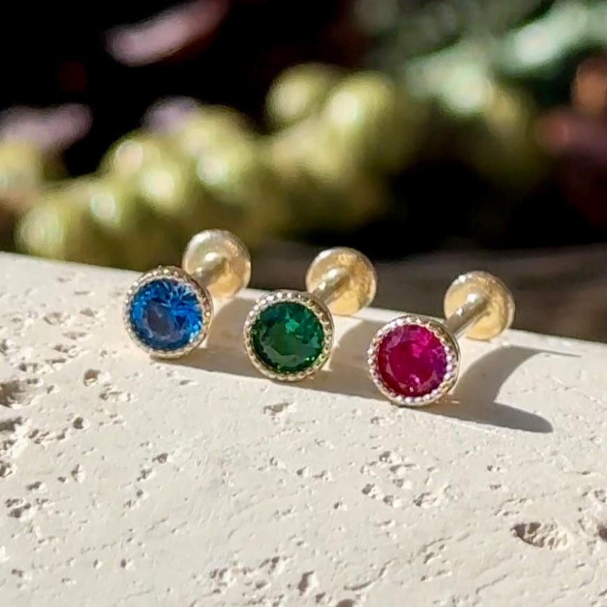 14K Solid Yellow Gold Emerald Flat Back Stud Earrings with Milgrain Detailing - Perfect for Weddings, Parties & Everyday Elegance