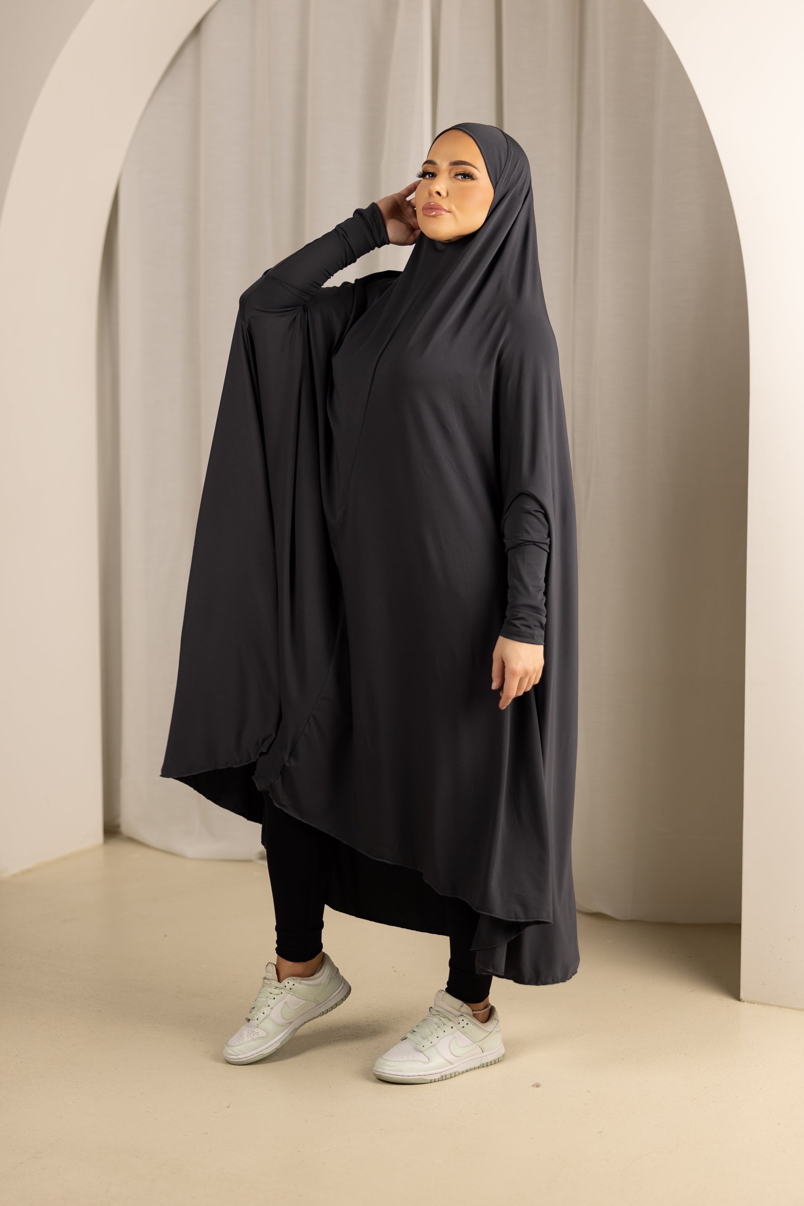 Modest Sleeve Jilbab with Cap in Elegant Black Shades - Perfect for Prayer, Travel & Everyday Wear