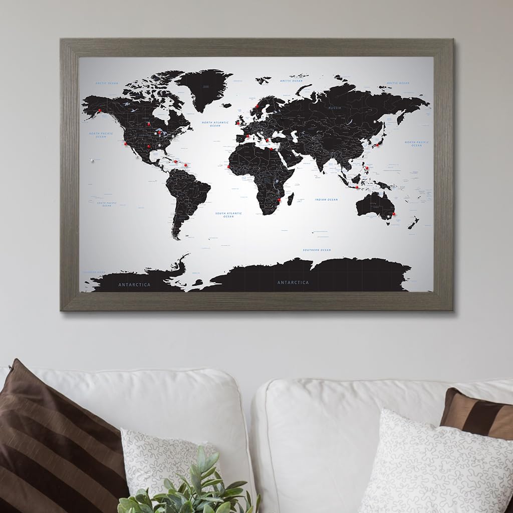 Push Pin Travel Map - Black Ice World - Barnwood Gray Framed Pin Board for Tracking Adventures - 27.5
