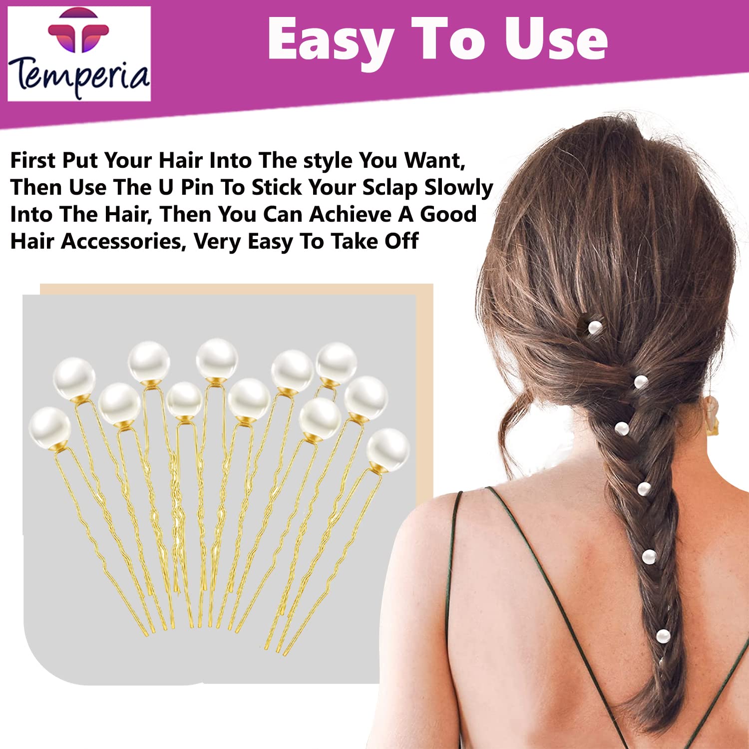 TEMPERIA 12-Piece Pearl Hair Clips for Women & Girls - Elegant U-Pin Hair Accessories for Bridal Hairstyles, Weddings & Parties (White) - Perfect for Prom, Formal Events & Special Occasions