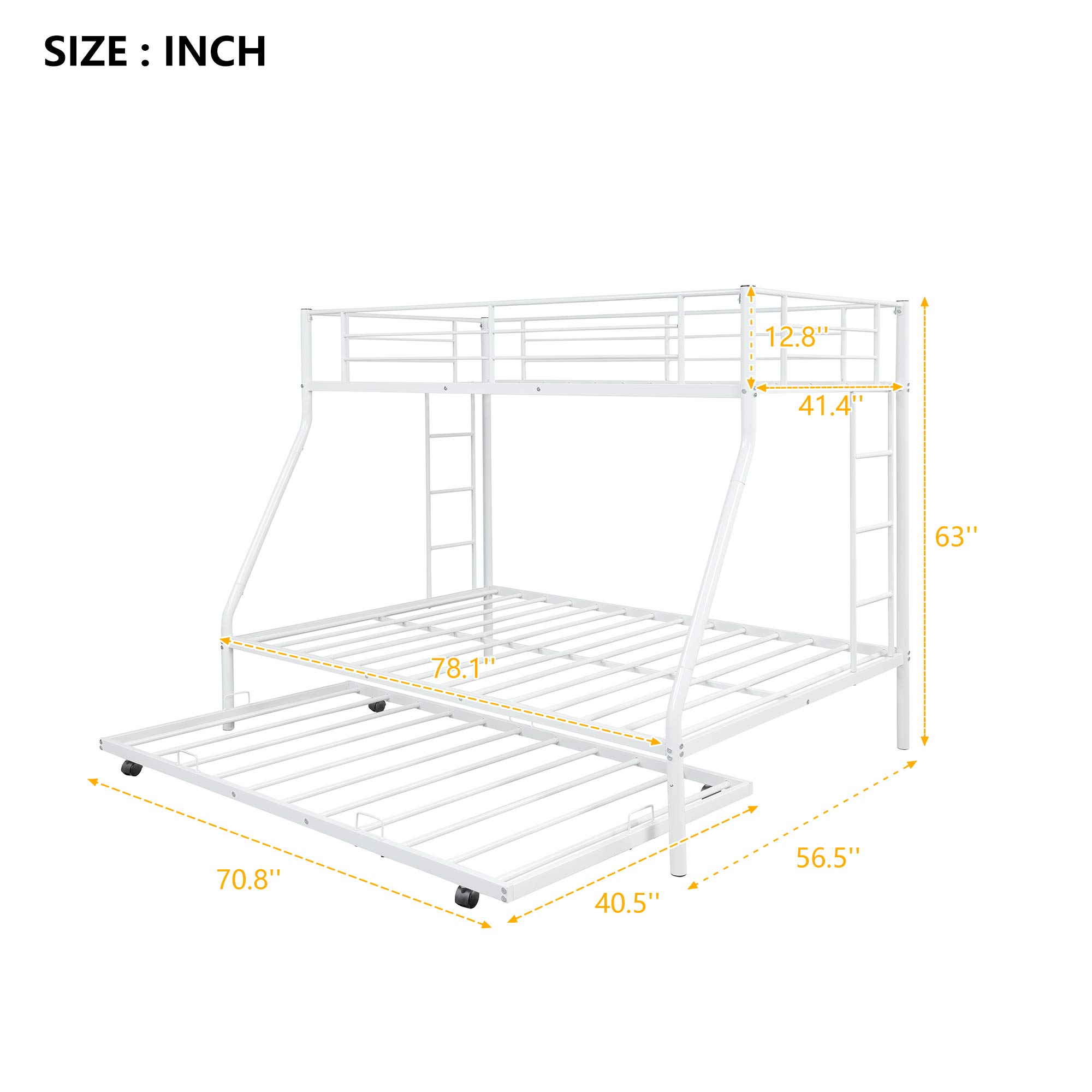 Metal Bunk Beds Twin Over Full Size with 2 Ladders & Trundle Bed - Sturdy Space-Saving Bunk Bed for Kids, Teens & Adults (White) | Perfect for Small Bedrooms, Guest Rooms & Vacation Homes