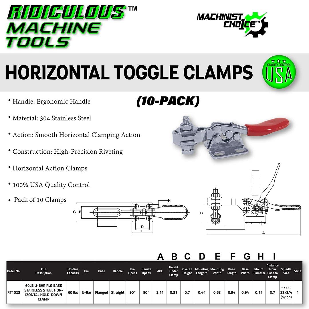 (10 Pack) 60LB Stainless Steel U-Bar Flange Base Horizontal Hold-Down Clamps - Heavy-Duty Workbench & Woodworking Clamps for Secure Fastening