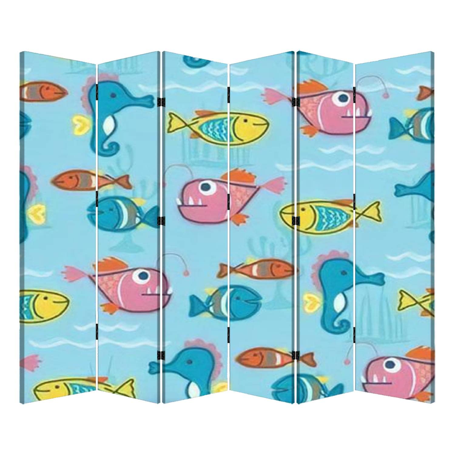 6-Panel Folding Room Divider - Blue Ocean Marine Animals Cartoon Design - Portable Freestanding Privacy Screen for Home, Office, Bedroom - Perfect for Creating Private Spaces in Small Apartments & Open Floor Plans