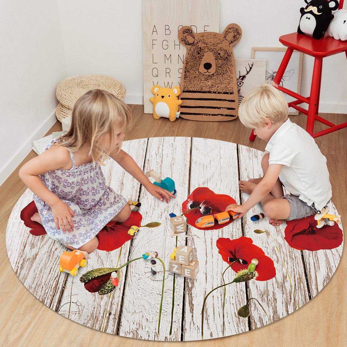 Large 4ft Round Area Rug - Non-Slip Red Poppies Floral Design with Retro Wooden Stripes, Washable Floor Mat for Bedroom, Living Room & Kids Room | Perfect for Home Decor, Nursery & High Traffic Areas