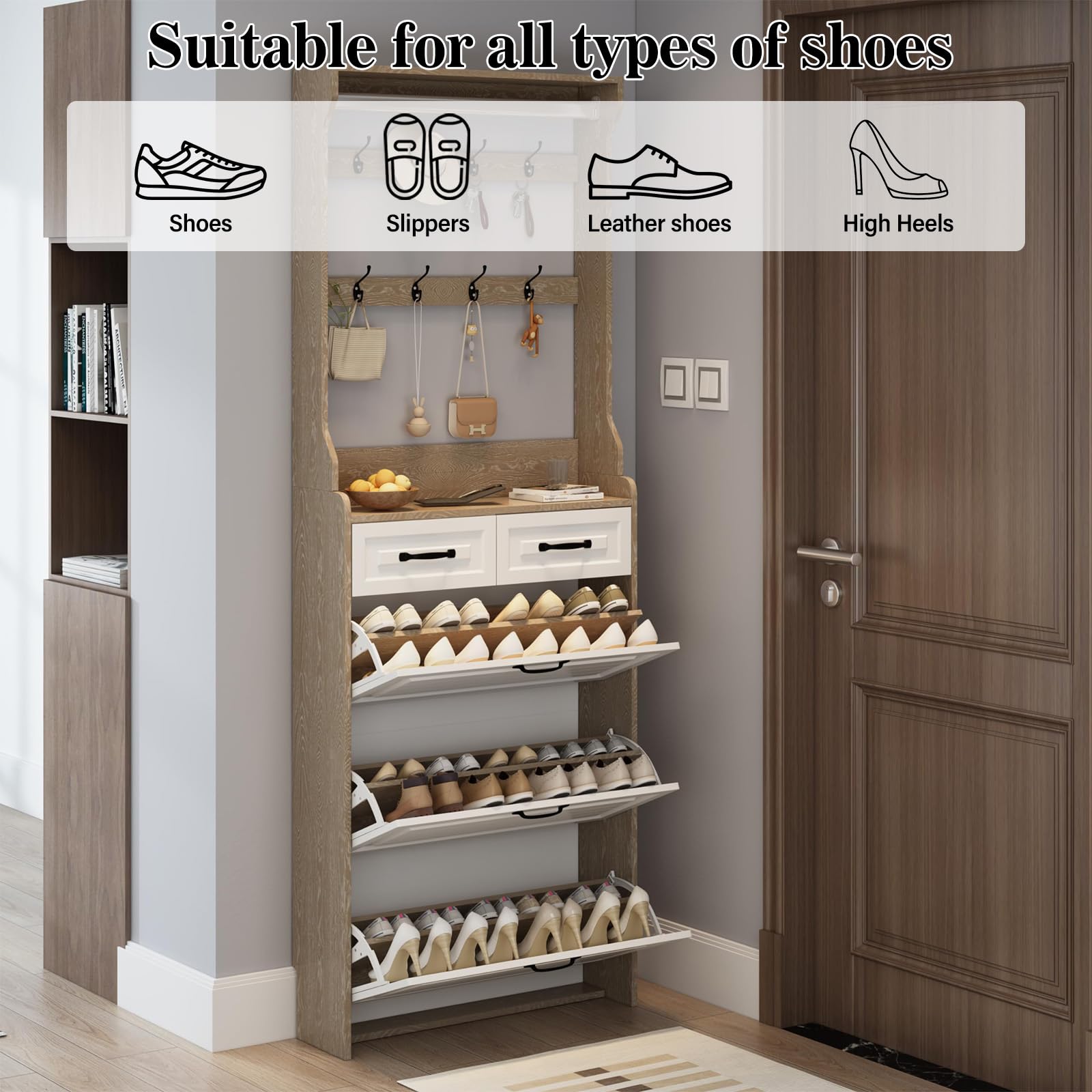 WIIS' IDEA 3-Tier Flip Front Shoe Cabinet with 2 Drawers - Freestanding Entryway Shoe Storage Organizer - Hidden Wooden Shoe Rack for Small Spaces - Narrow Farmhouse Style Shoe Cabinet with Legs (Brown) - Perfect for Hallway, Closet & Apartment Organization