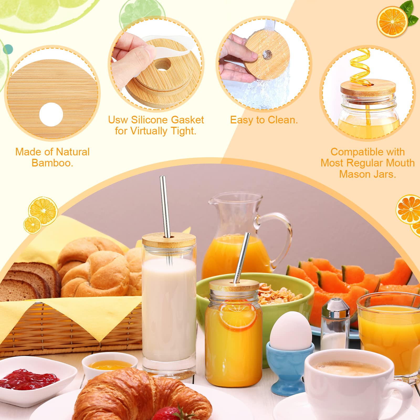 100-Pack 70mm Reusable Bamboo Jar Lids with Straw Hole & Silicone Ring - 2.76