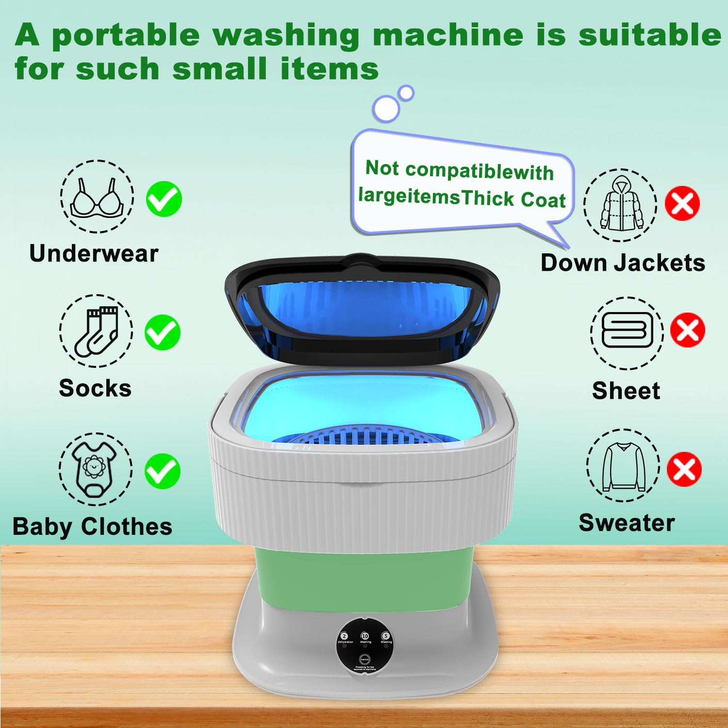 15L Portable Washing Machine with Spin Dryer - Foldable Mini Washer for Travel, Dorm, Apartment & RV - Compact Laundry Solution for Baby Clothes, Underwear & Socks - Perfect Green Space-Saving Washing Machine for Small Spaces & Camping