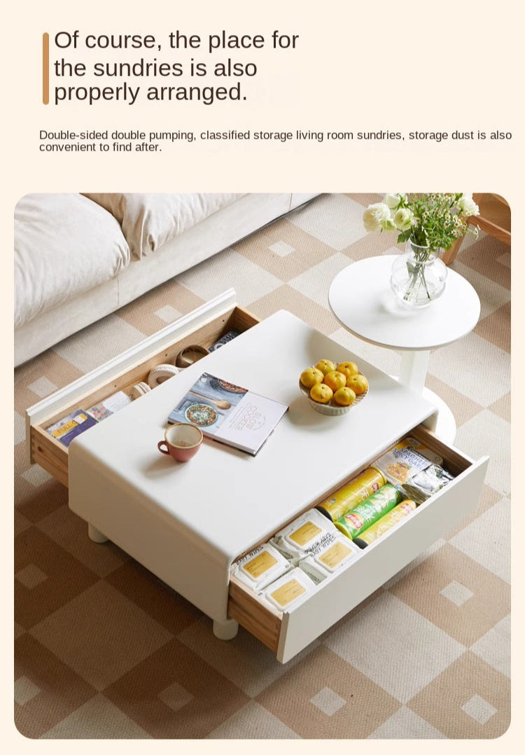 Modern Oak Solid Wood Coffee Table - Cream Finish, Minimalist Design for Living Room, Lounge, or Office - Durable & Stylish Home Decor