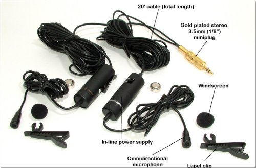 Self-Powered Binaural Microphones with 20ft Cables - Includes Windscreens & Clips for Field Recording, ASMR, and Podcasting