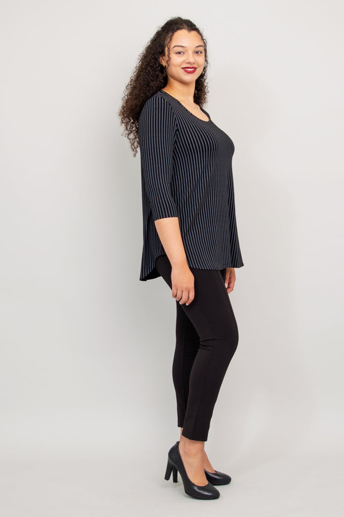Jazz 3/4 Sleeve Top - Black & Grey Stripe Bamboo Fabric Women's Blouse - Perfect for Casual Wear, Office & Music Events