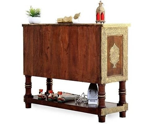Antique Brass Embossed Solid Wood Cabinet with Brass Fittings - Vintage Ethnic Furniture for Living Room, Bedroom & Office Storage