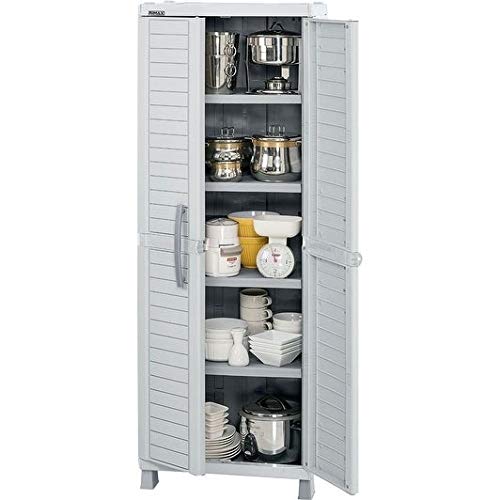 Large Grey Plastic Storage Cabinet with Double Doors - Perfect for Home, Office, and Garage Organization