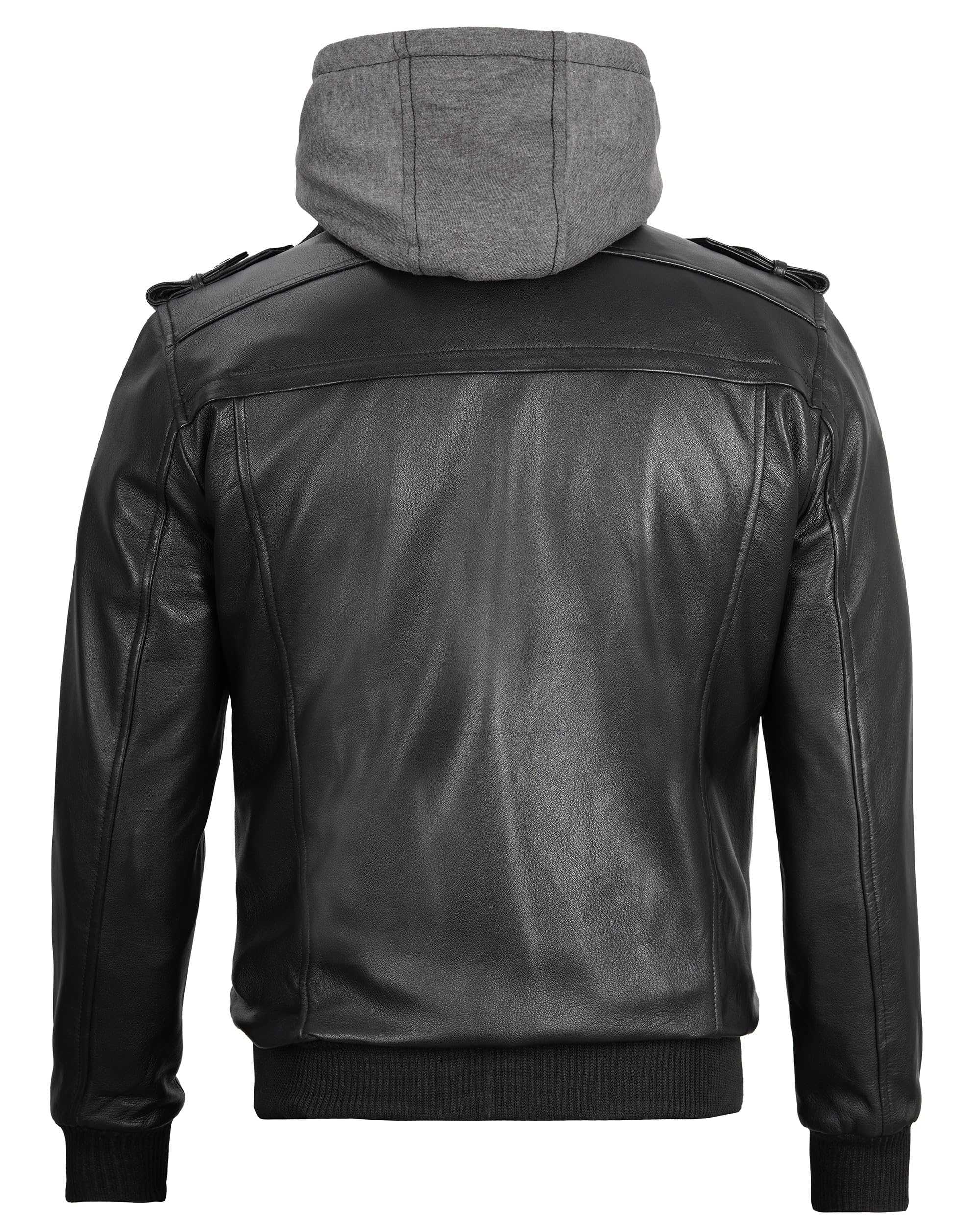 Blingsoul Men's Black Leather Jacket - Moto Style Biker Jacket with Removable Hood | Premium Genuine Leather Jacket for Men | Perfect for Motorcycle Riding, Casual Outfits & Winter Fashion
