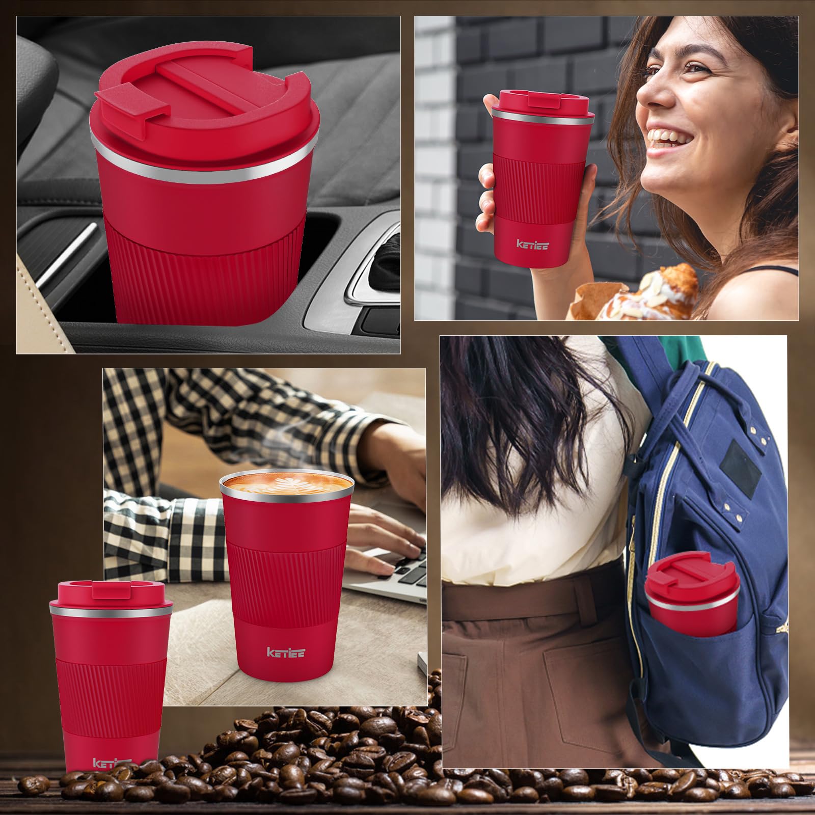 **KETIEE 12oz Vacuum Insulated Stainless Steel Travel Coffee Mug - Leakproof Lid, Double Wall Insulation for Hot & Cold Drinks, Reusable Tumbler for Coffee, Tea, or Smoothies - Perfect for Commuting, Office, or Outdoor Adventures (Red)**