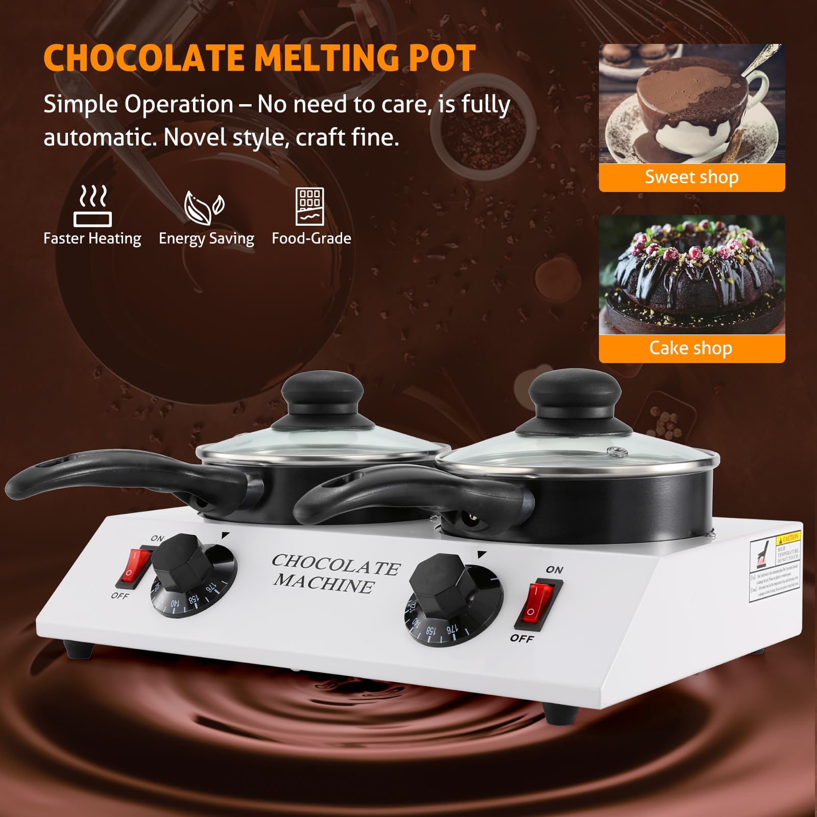 WICHEMI Electric Chocolate Melting Pot - Double Pots Chocolate Warmer & Tempering Machine for Home & Commercial Use - Perfect for Melting Chocolate, Butter, Cheese, Cream, Candy & Milk - Ideal for Baking, Candy Making, Fondue & Dessert Preparation