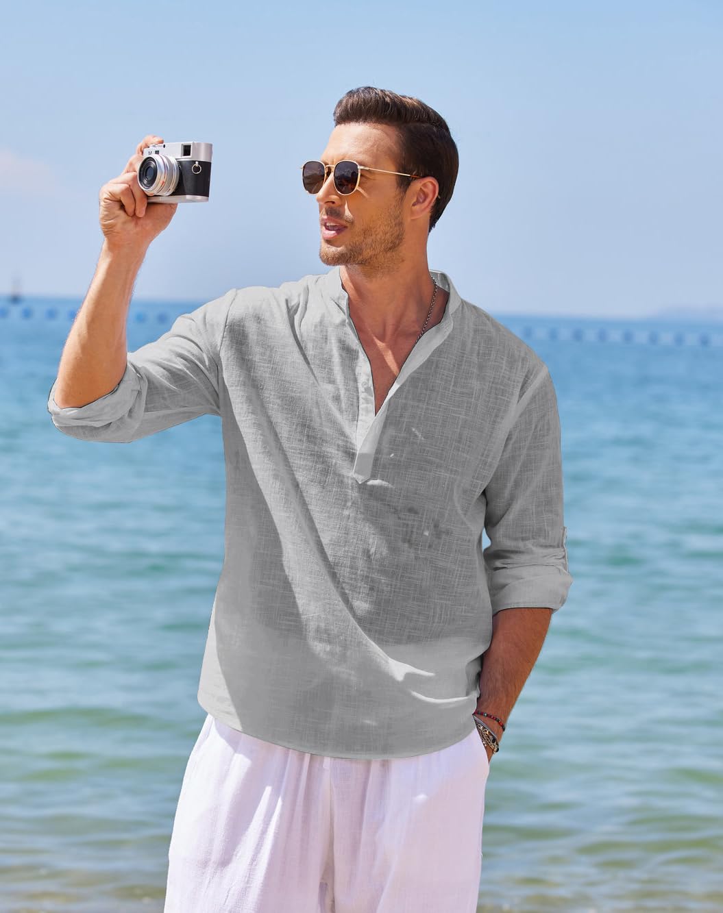 COOFANDY Men's Cotton Linen Henley Shirt - Long Sleeve Casual Beach T-Shirt for Men | Breathable Summer Shirt, Boho Style, Hippie Fashion | Perfect for Beach Outings, Music Festivals & Casual Wear