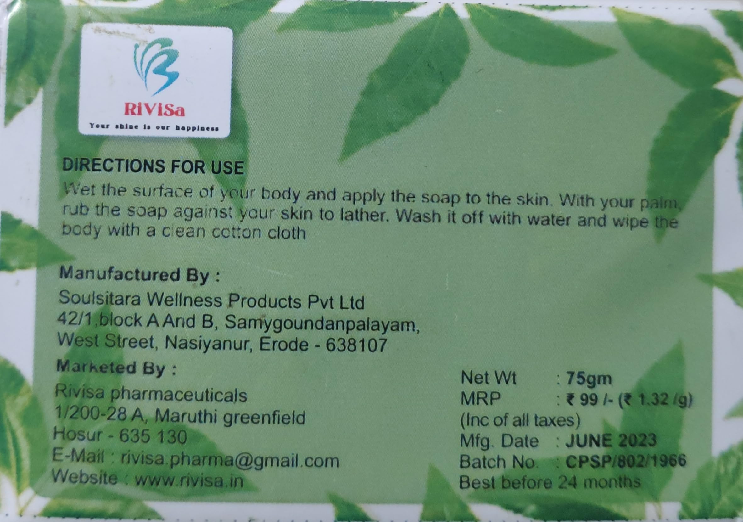 RiViSa - Natural Neem Bath Soap with Neem Powder, Handmade Aromatic Soap for Acne & Skin Care, Pack of 4 (75g Each) - Perfect for Daily Use, Sensitive Skin & Eco-Friendly Bathing