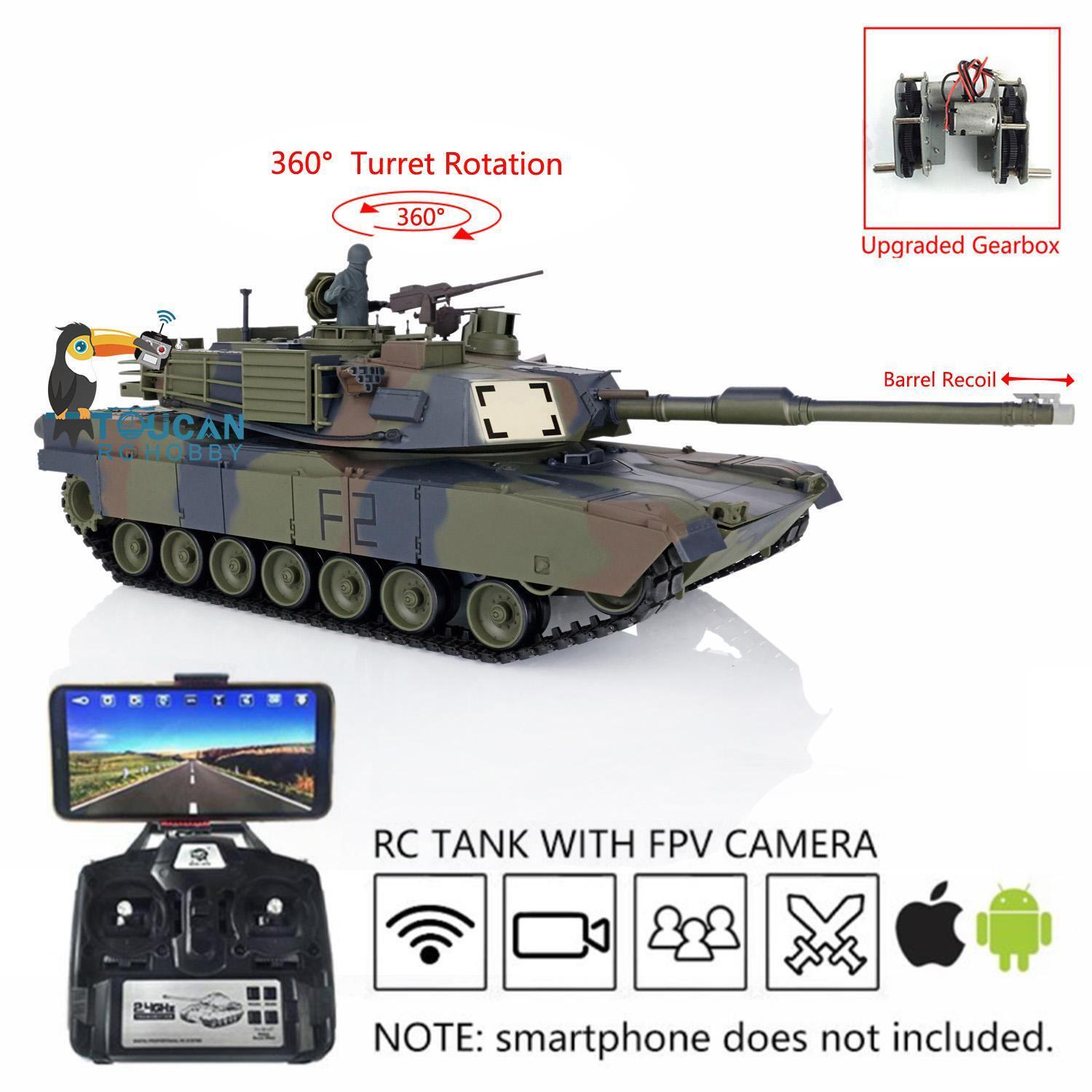 Henglong 1/16 Scale 7.0 USA M1A2 Abrams RTR RC Tank with FPV Camera, Barrel Recoil & 360° Turret - Steel Gearbox & Plastic Chassis - Perfect for Military Enthusiasts & RC Tank Battles