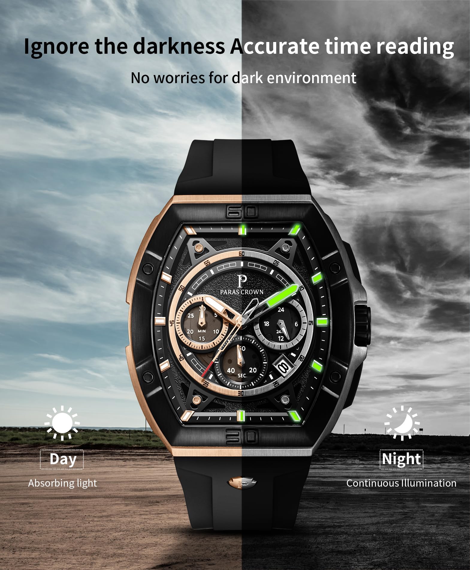 Luxury Men's Paras Crown Tonneau Chronograph Watch - 5ATM Waterproof Stainless Steel Analog Quartz Wristwatch for Business, Casual & Formal Occasions