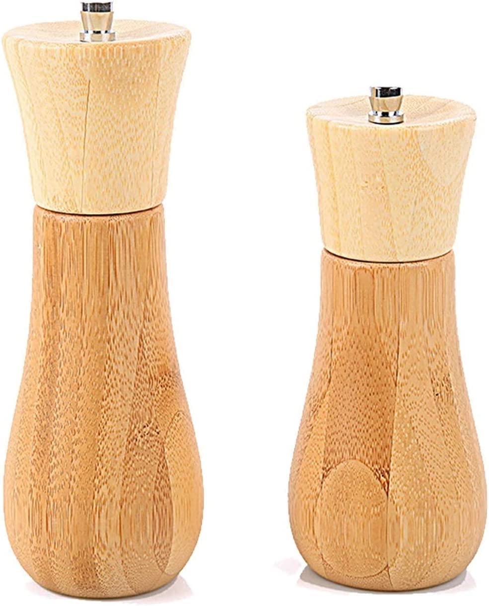 Premium Bamboo Wooden Salt and Pepper Grinder Set - 2 Pack Refillable Adjustable Ceramic Mill for Sea Salt & Black Pepper - Perfect for Kitchen, Dining Table & Camping Seasoning Needs