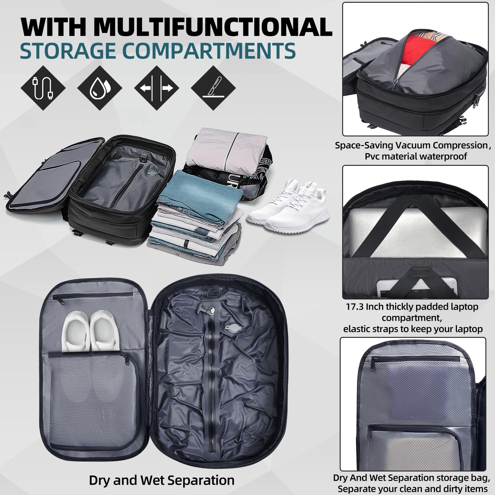 60L Expandable Air Vacuum Seal Travel Backpack with Pump - Water Resistant TSA Lock Laptop Backpack for Camping, Hiking & Business Trips