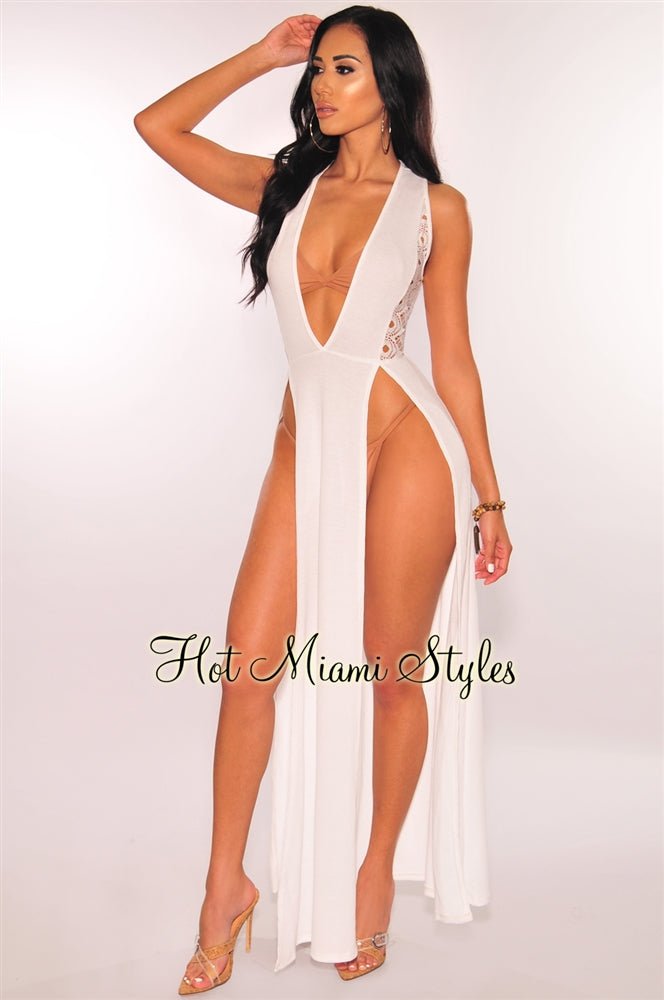 Elegant White Crochet Double Slit Maxi Dress for Women - Boho Beach Cover Up, Summer Vacation, Pool Party & Date Night Outfit