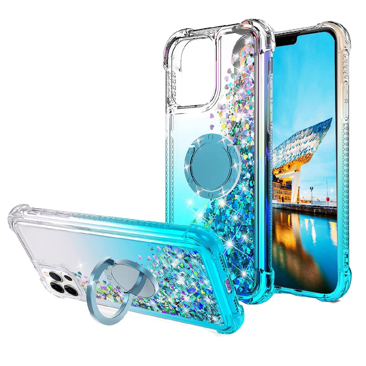 Sparkling Glitter Liquid Waterfall TPU Phone Case for iPhone 12/12 Pro (6.1 Inch) - Rotating Ring Kickstand, Blue | Protective Cover with Bling Design for Daily Use, Parties & Travel