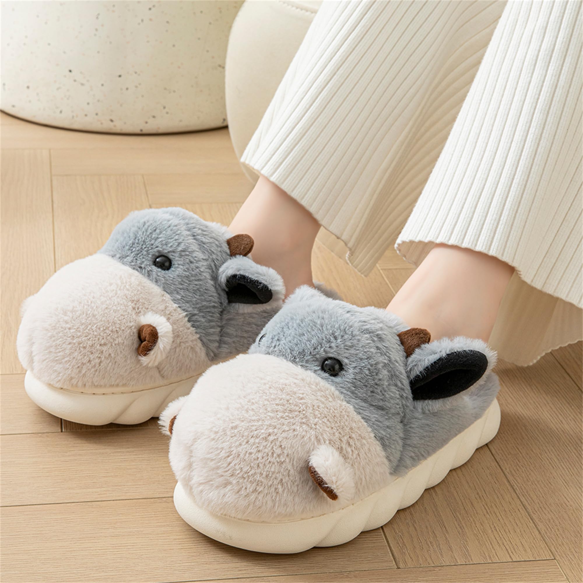 LANFIRE Women's Cute Hippo Slippers - Animal Themed Fuzzy House Shoes, Soft Plush Winter Warm Slippers with Non-Slip Sole for Indoor/Outdoor Use - Perfect Gift for Christmas, Birthday & Cozy Home Relaxation