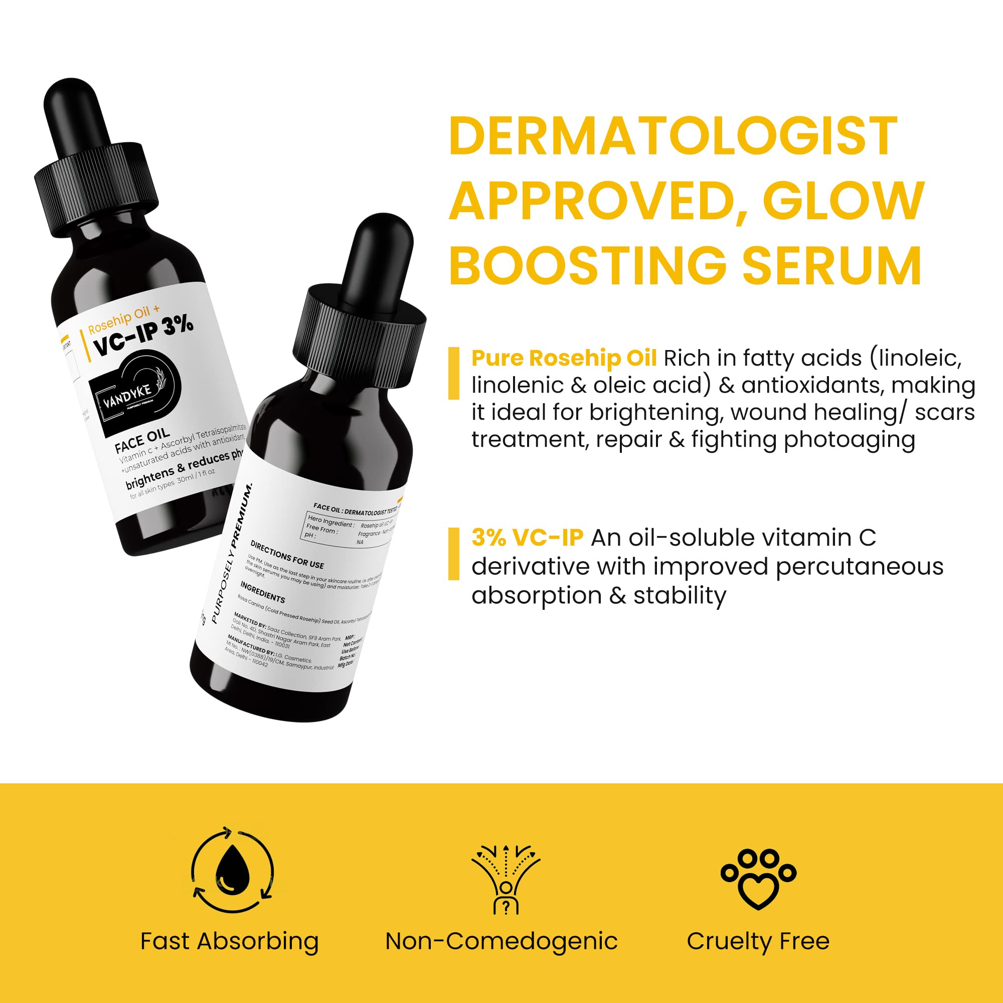 Vandyke 0.3% Pure Rosehip Oil for Face - Vitamin C Skin Brightening Serum (30ml) | Anti-Aging & Dark Spot Treatment | Day & Night Moisturizer for Glowing Skin