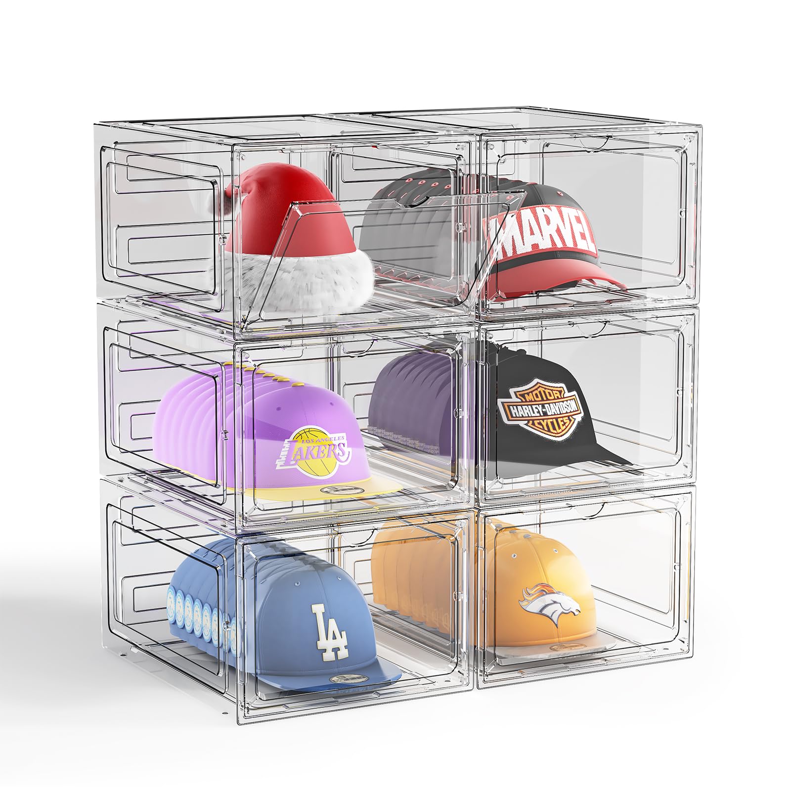 6-Pack Clear Plastic Baseball Cap Organizer Box with Magnetic Door - Hat Storage & Display Case for Closet, Holds 8 Caps Each - Perfect for Snapback, Dad Hats & Caps Collection Organization