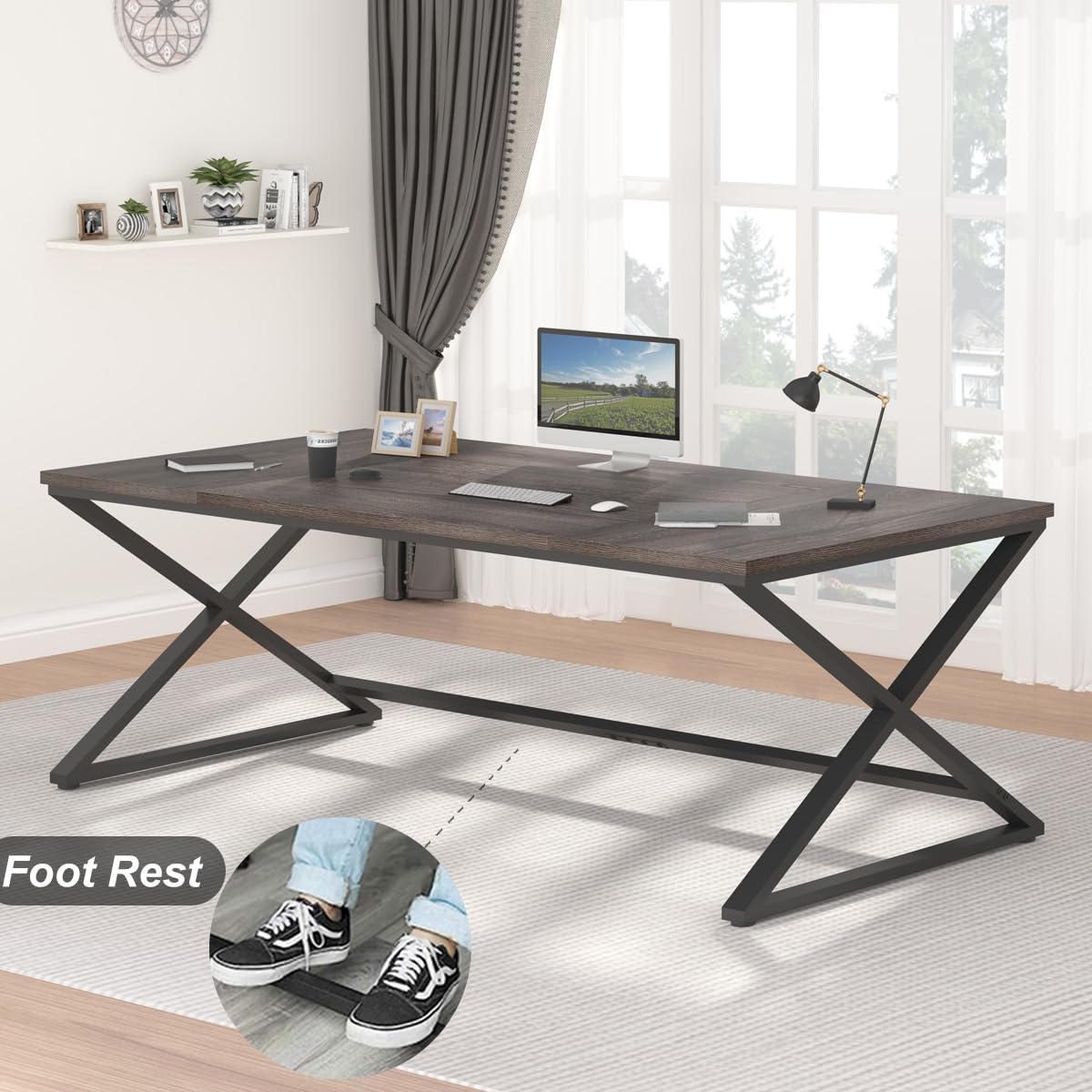 70 Inch Large Computer Desk for Home Office - Industrial Style Wood & Metal Writing Study Desk with Monitor Stand, Gaming Workstation for 2 Screens - Dark Gray Oak Finish (Perfect for Small Spaces & Multi-Monitor Setups)