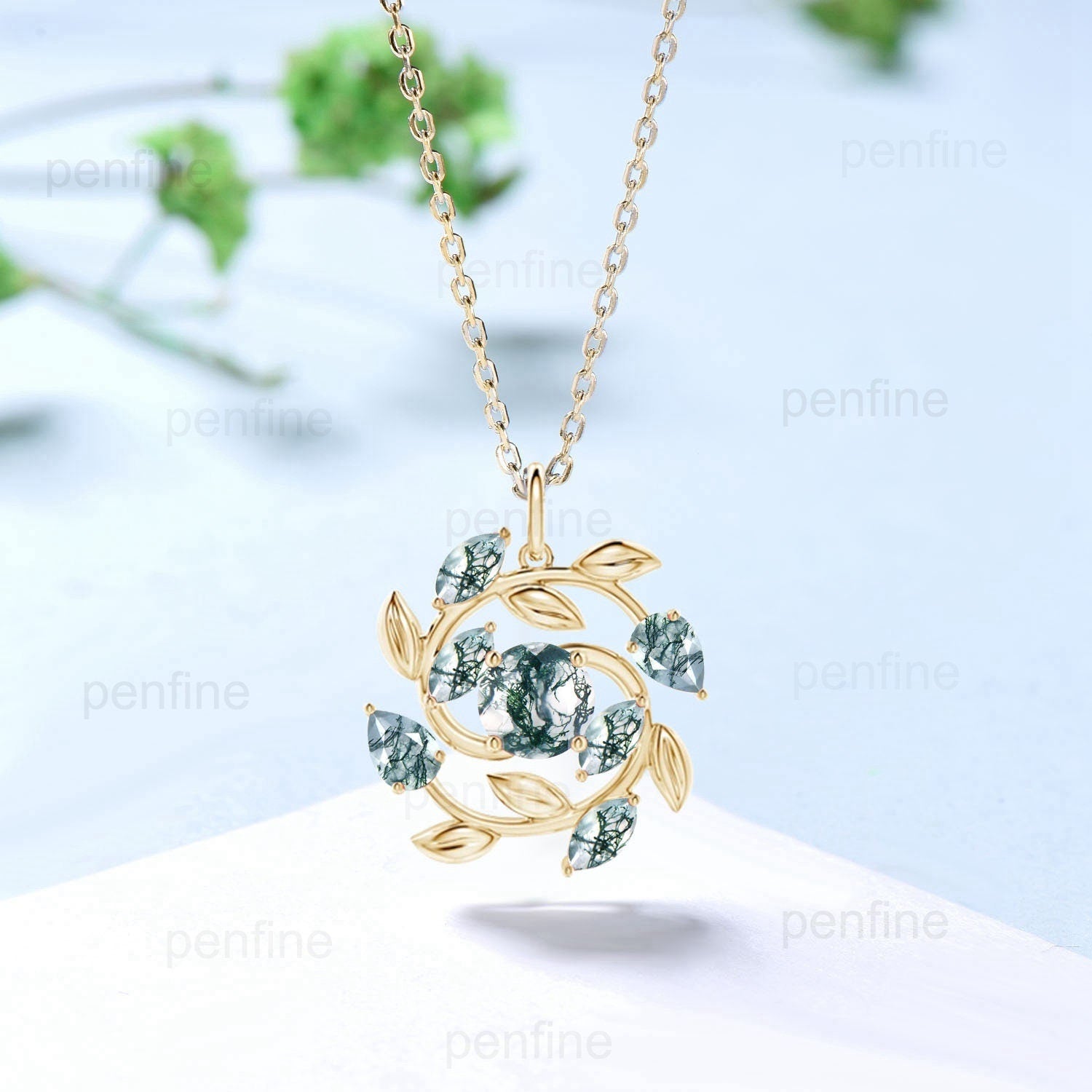 5mm Round Moss Agate Necklace - Nature Inspired Green Agate Pendant with Marquise & Pear Cut | Flower & Snowflake Design | Unique Anniversary Gift for Women | Perfect for Weddings, Date Nights & Special Occasions