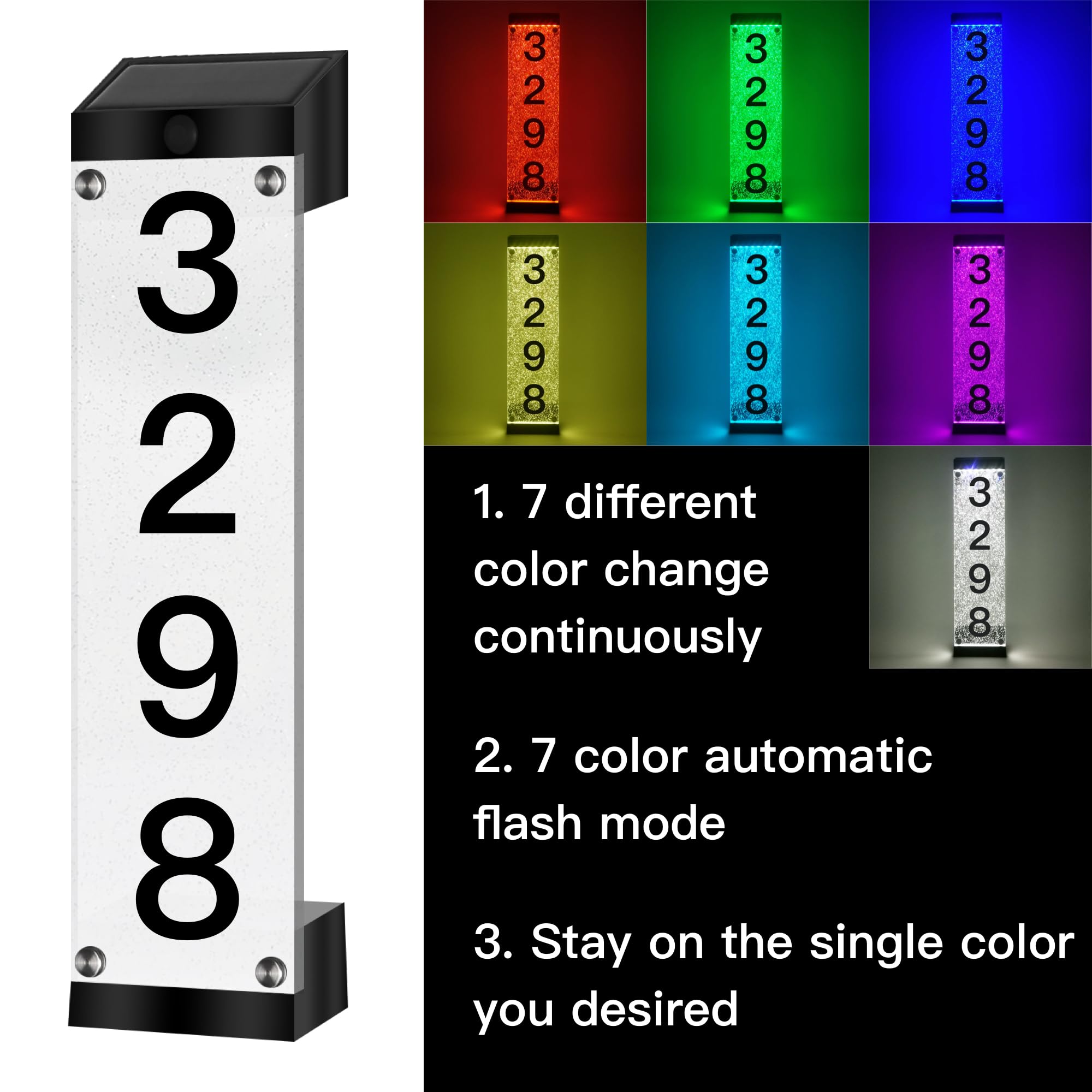 Solar Powered LED Illuminated House Numbers - Outdoor Address Sign with Acrylic Plaque & Iron Stakes (2 Pack) - Modern Lighted Home Street Yard Decor for Easy Nighttime Visibility