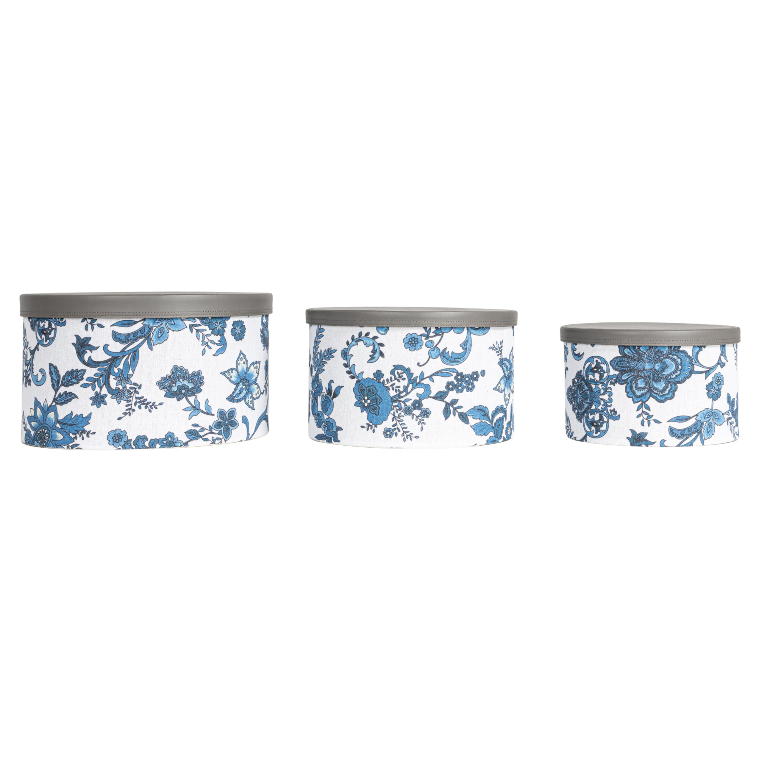 Premium Floral Nestable Hat Boxes with Faux Leather Lids - Cream & Blue Set of 3 | Stylish Home Storage for Hats, Scarves & Accessories | Perfect for Closet Organization & Gift Packaging