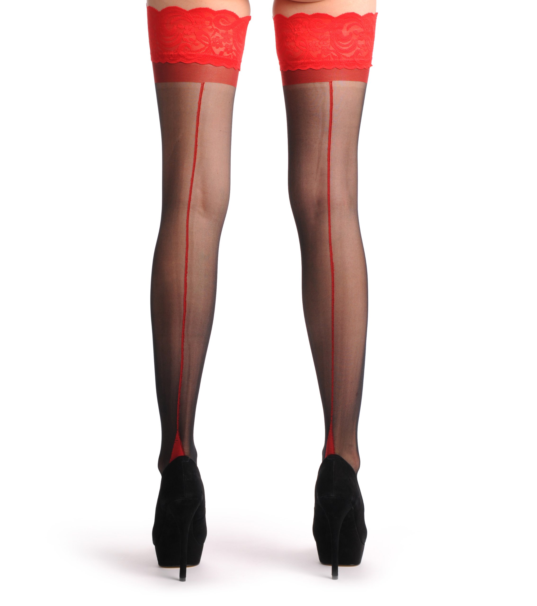 LissKiss Black Thigh High Stockings with Red Seam & Red Silicone Lace Garter - Sexy Hold Up Stockings for Women, Perfect for Valentine's Day, Bridal Lingerie, and Special Occasions