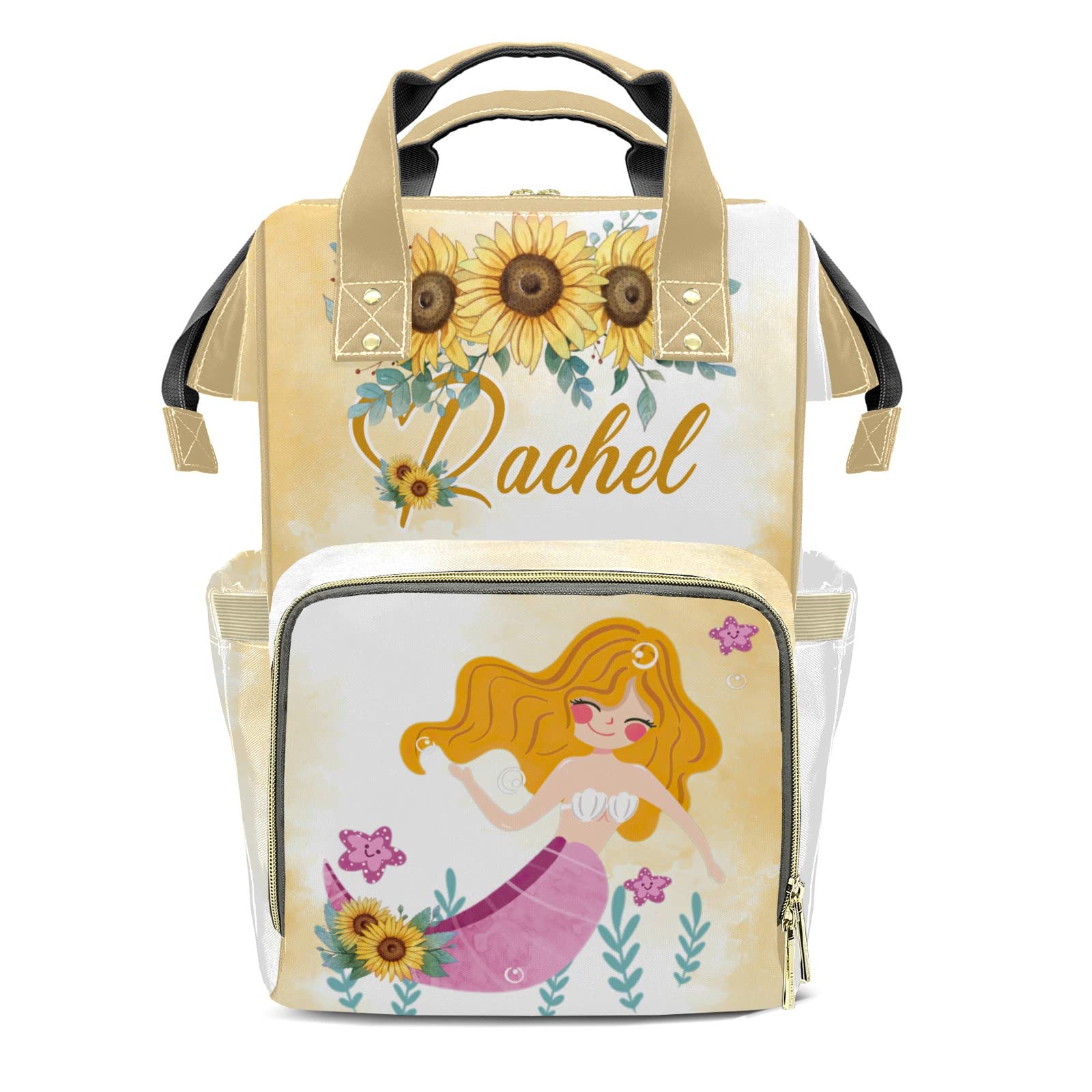 Custom Personalized Mermaid Sunflower Yellow Tie Dye Diaper Backpack - Waterproof Nappy Bag with Name Embroidery for Moms, Baby Essentials & Travel | Perfect Baby Shower Gift & Daycare Bag