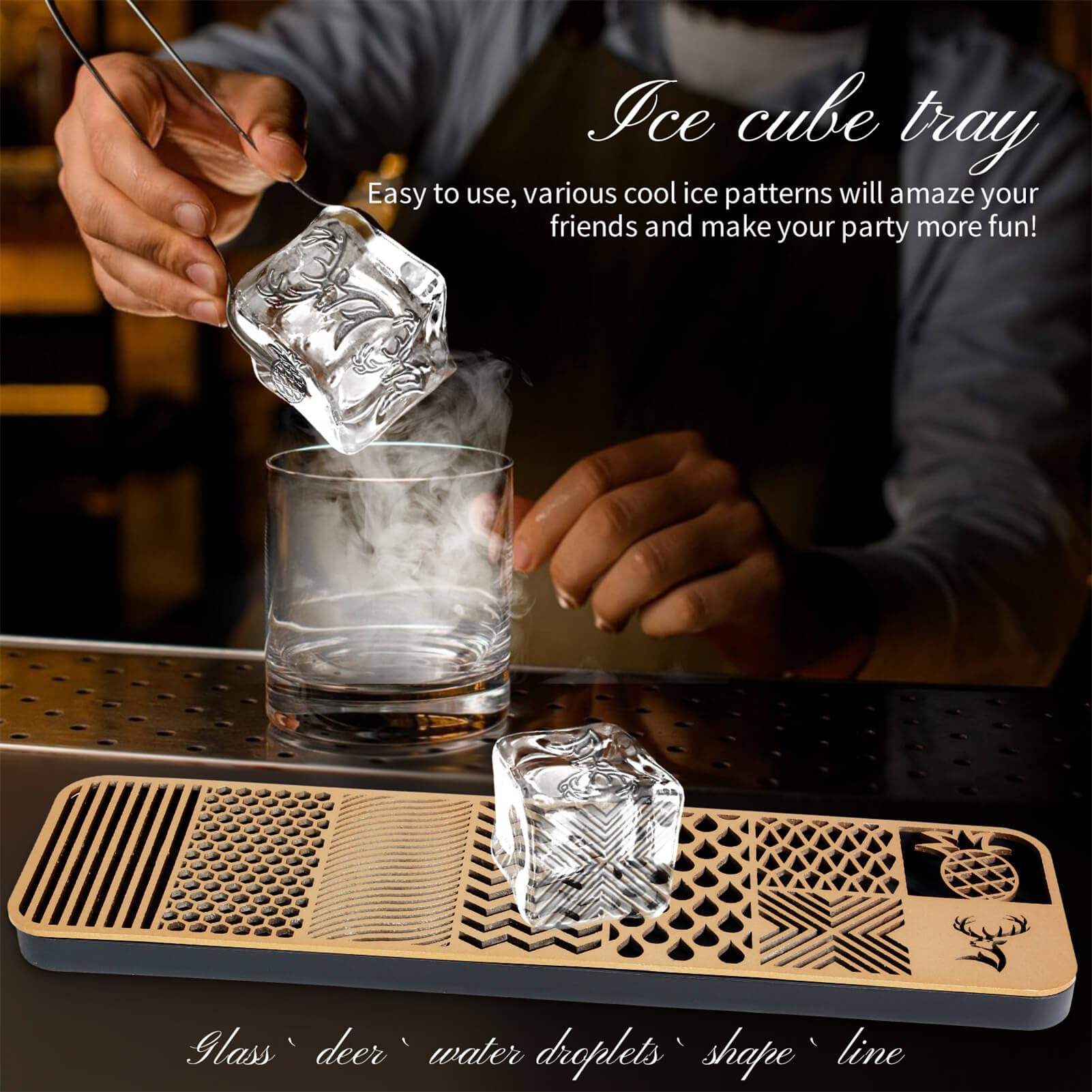 Clear Ice Stamp Tray - Custom Ice Cube Stamp for Cocktails & Whiskey | 5-Second Craft Ice Molds | Bartender Accessories for Bourbon & Clear Ice Cocktails | Perfect for Home Bars, Parties & Mixology Enthusiasts