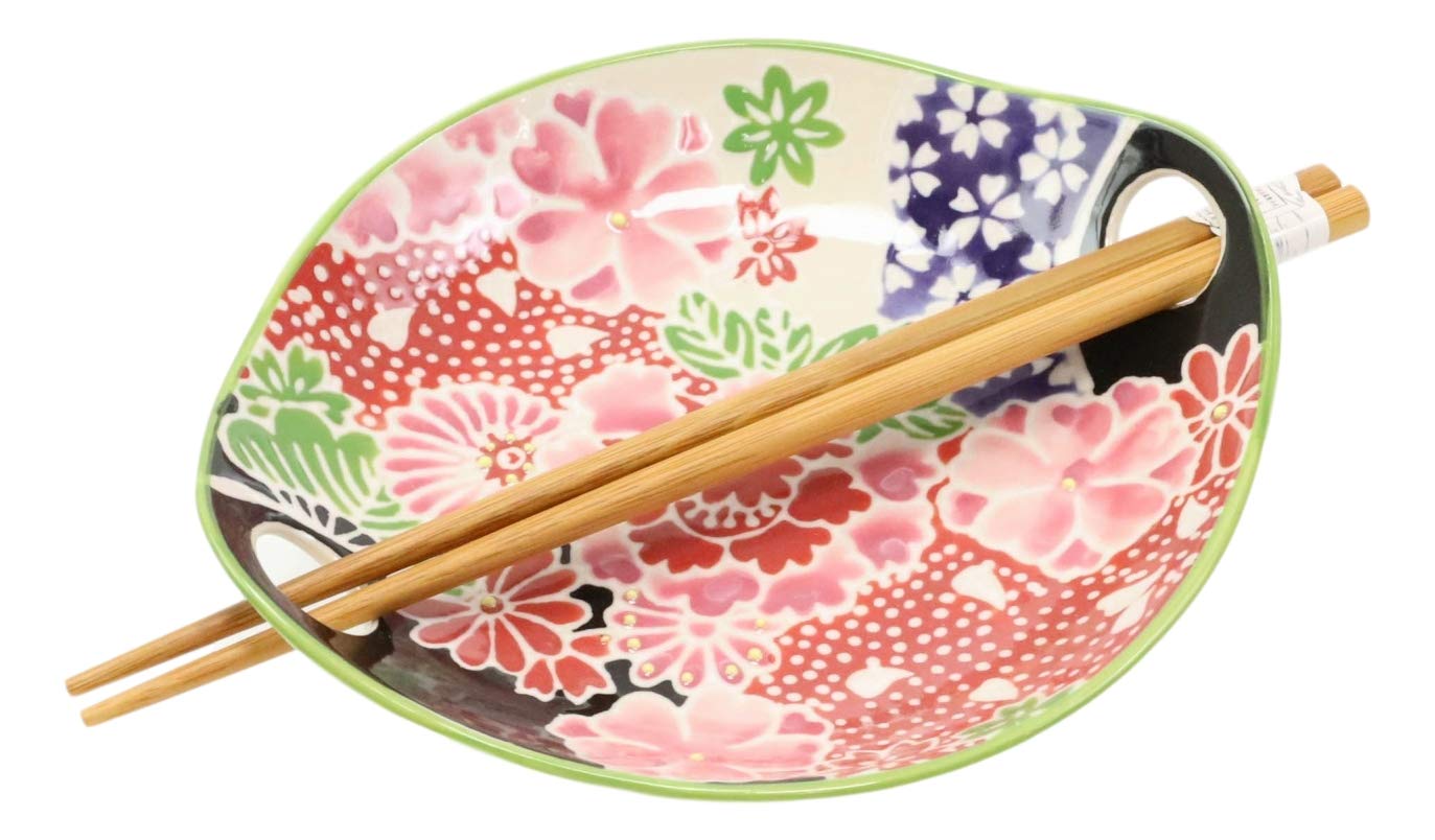Ebros Pink Sakura Cherry Blossom Appetizer Plate Set with Chopsticks & Built-in Rest - 7