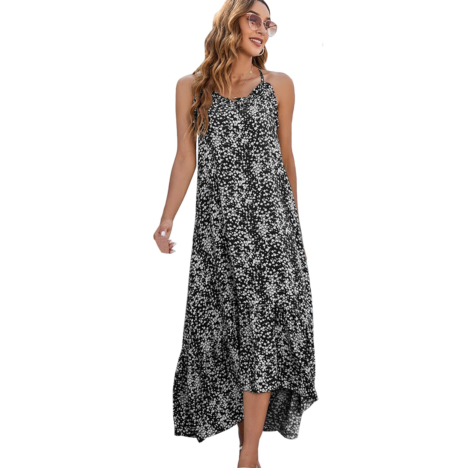 Women's Floral Maxi Dress - Spaghetti Strap Summer Swing Dress, Boho Beach Cover Up, Loose Long Sleeveless Dress for Casual Outings, Vacations & Poolside Relaxation