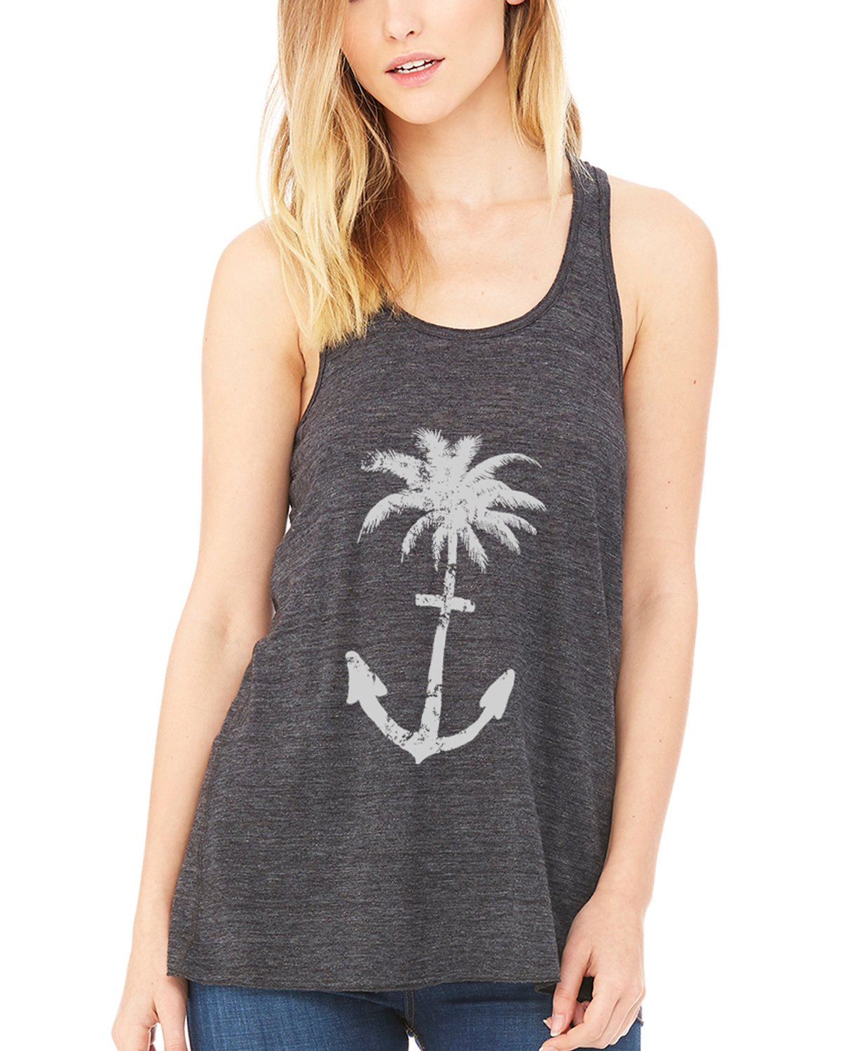 Clementine Women's Flowy Racerback Tank Top - Anchor & Palm Leaf Print Summer Beachwear for Casual Outfits, Vacations & Tropical Getaways