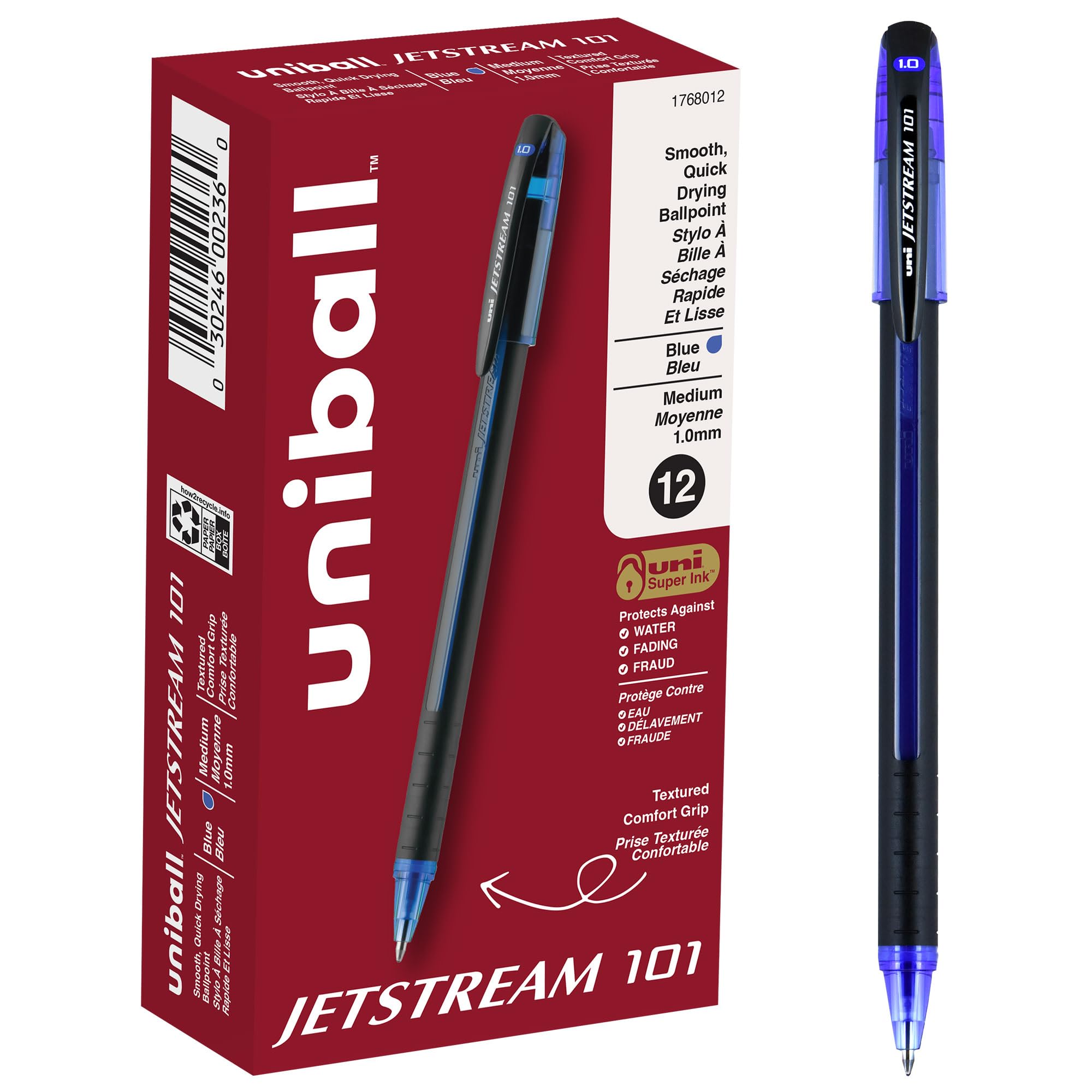 Uni-Ball 1768012 Jetstream 101 Bold Point Ballpoint Pens - 12 Pack Blue Ink Pens for Office, School & Note Taking - Smooth Writing Pens for Professionals & Students