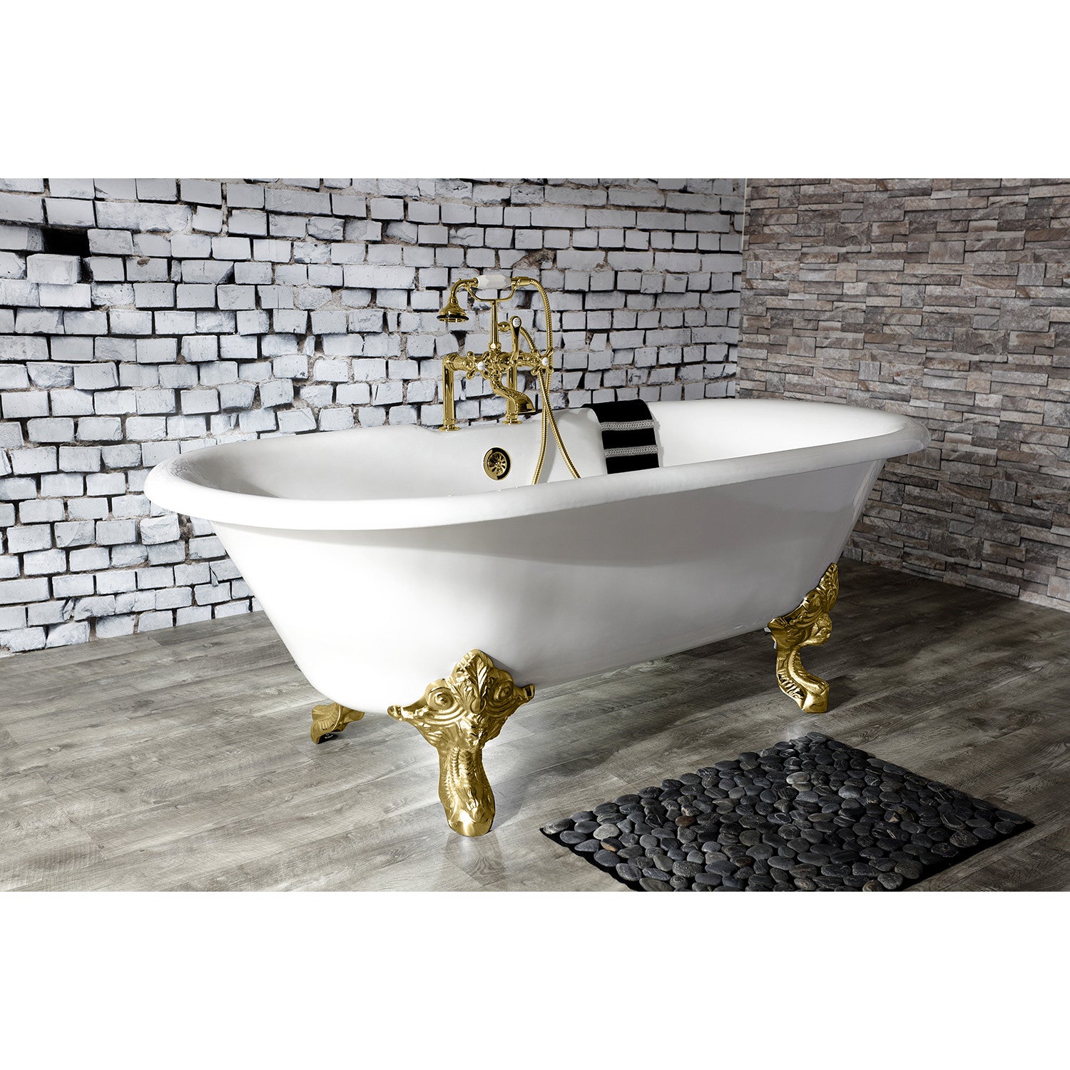 Aqua Eden 72 Inch White Cast Iron Clawfoot Bathtub with Polished Brass Feet - Double Ended Oval Freestanding Soaking Tub (7 Inch Faucet Drillings) for Vintage Bathroom & Luxury Spa Retreat