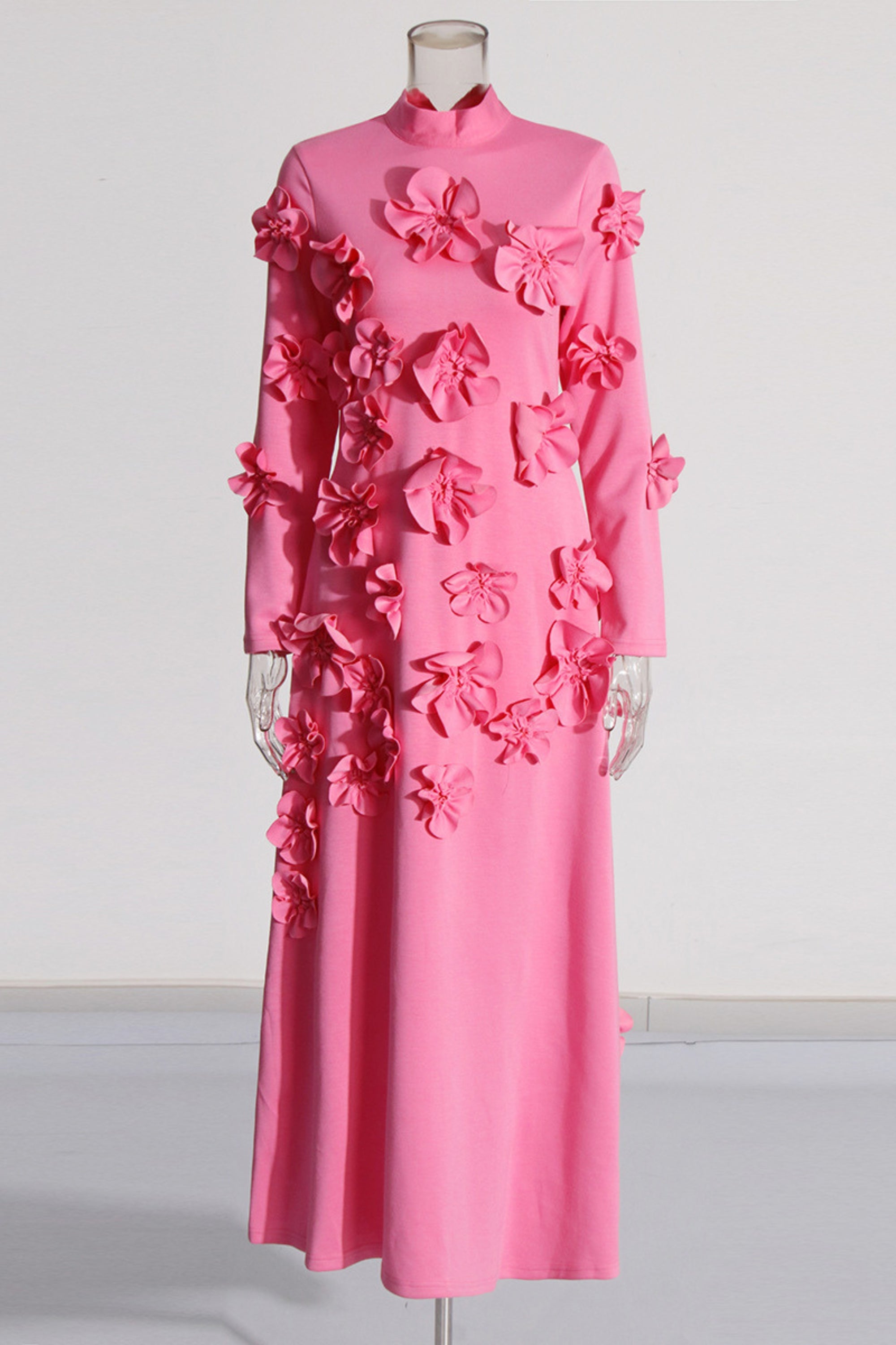 Elegant 3D Flower Stand Collar Long Sleeve Midi Dress for Women | Floral Print Party & Wedding Guest Dress | Perfect for Spring Events, Date Nights & Special Occasions