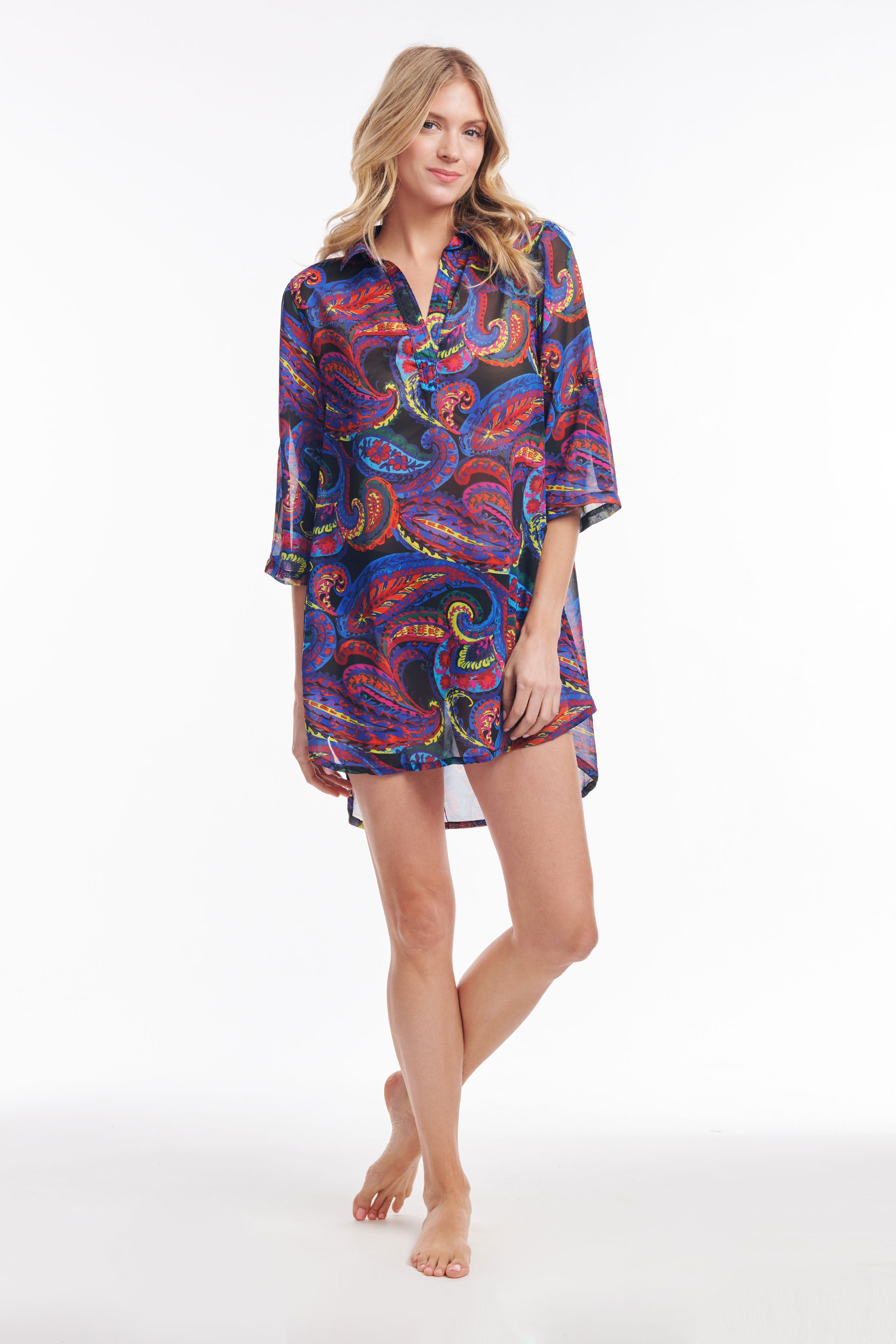 French Paisley Collared Pullover Tunic Coverup - Stylish Beach Cover-Up & Casual Loungewear for Women