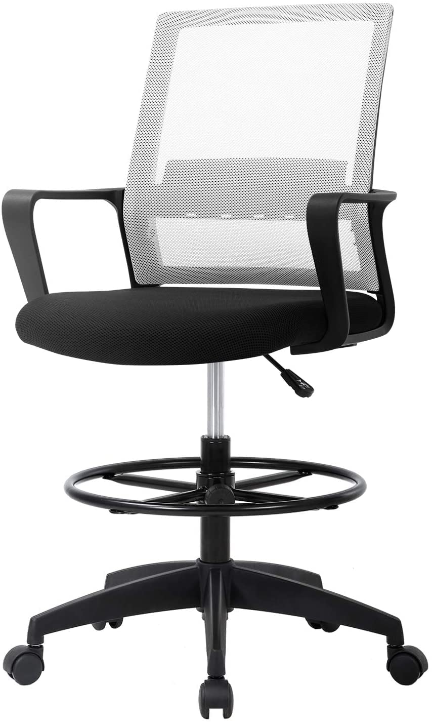 Ergonomic Mesh Back Office Chair with Adjustable Height & Foot Pedal - Lumbar Support Drafting Chair for Research, Study & Work - Perfect for Home Office, Gaming & Professional Workspaces - White