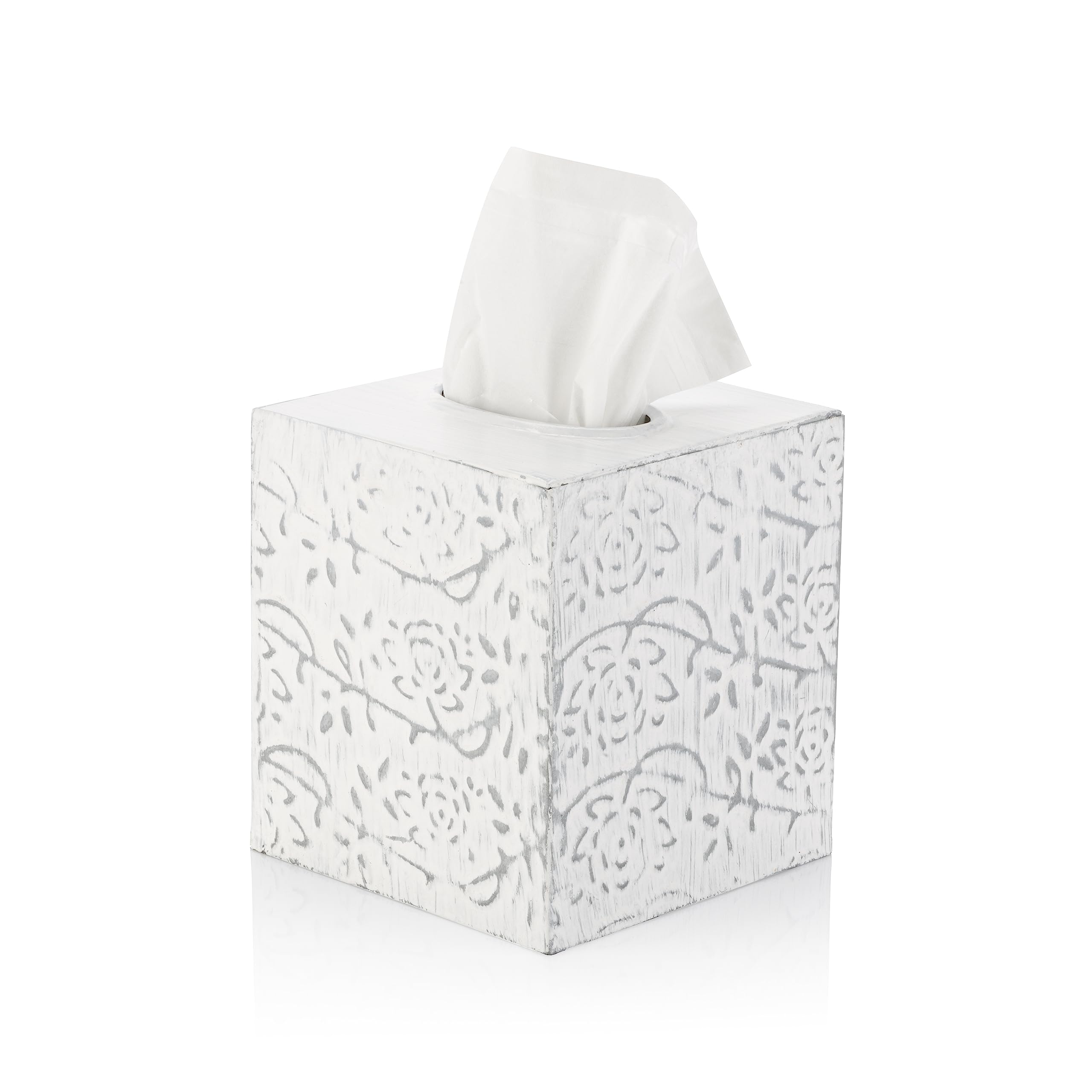 Modern Farmhouse Tissue Box Cover - Decorative Square Kleenex Holder in Distressed White & Rustic Metal - Country Chic Bathroom & Living Room Decor