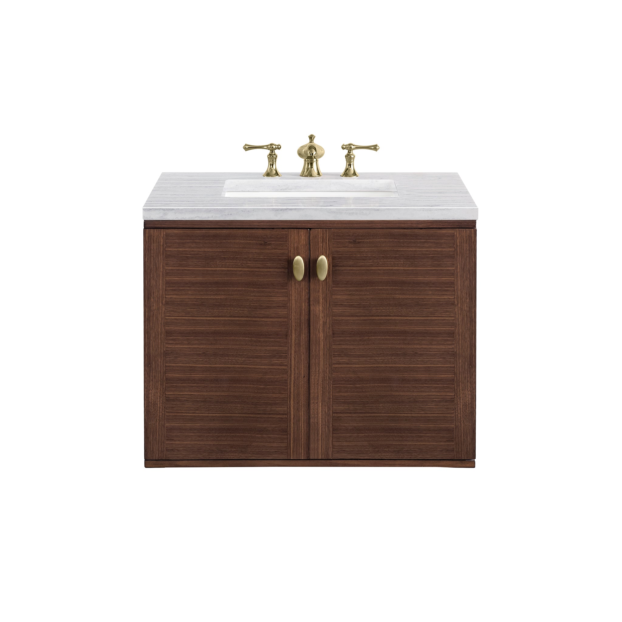 Amberly 30 Inch Single Bathroom Vanity - Mid Century Modern Walnut Finish with 3CM Arctic Fall Marble Top | Perfect for Small Bathrooms & Powder Rooms