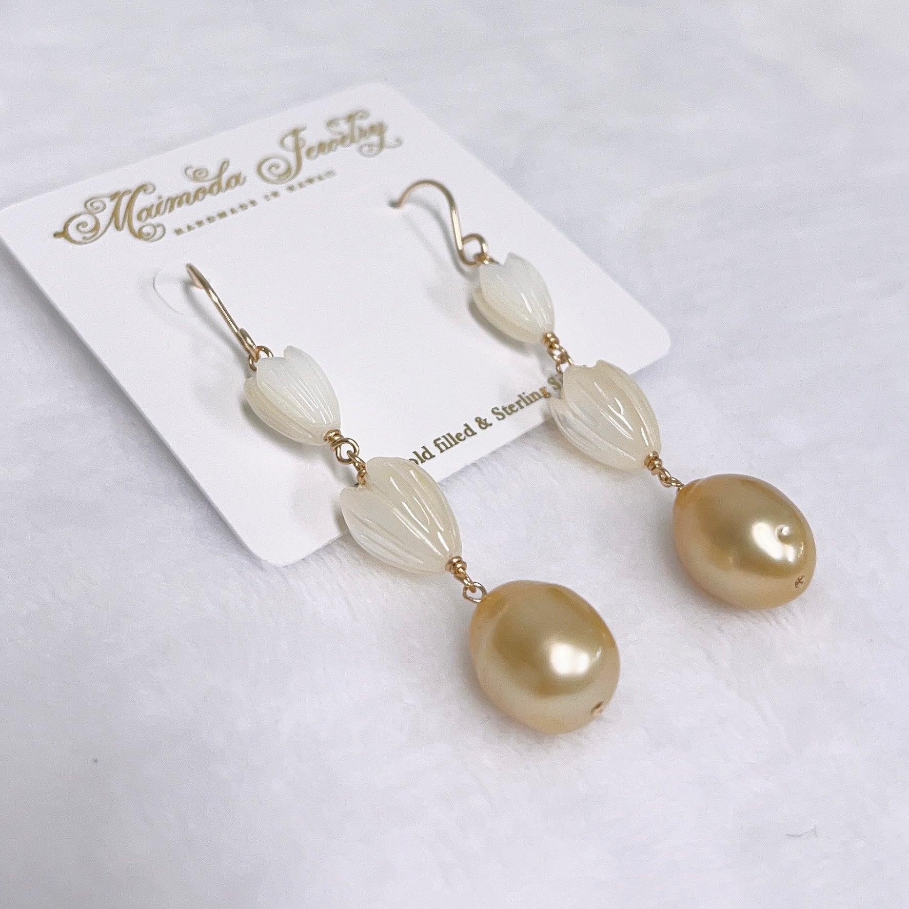 Exquisite Pikake Dangle Earrings with Genuine Gold South Sea Pearls (E615) - Perfect for Weddings, Parties & Special Occasions