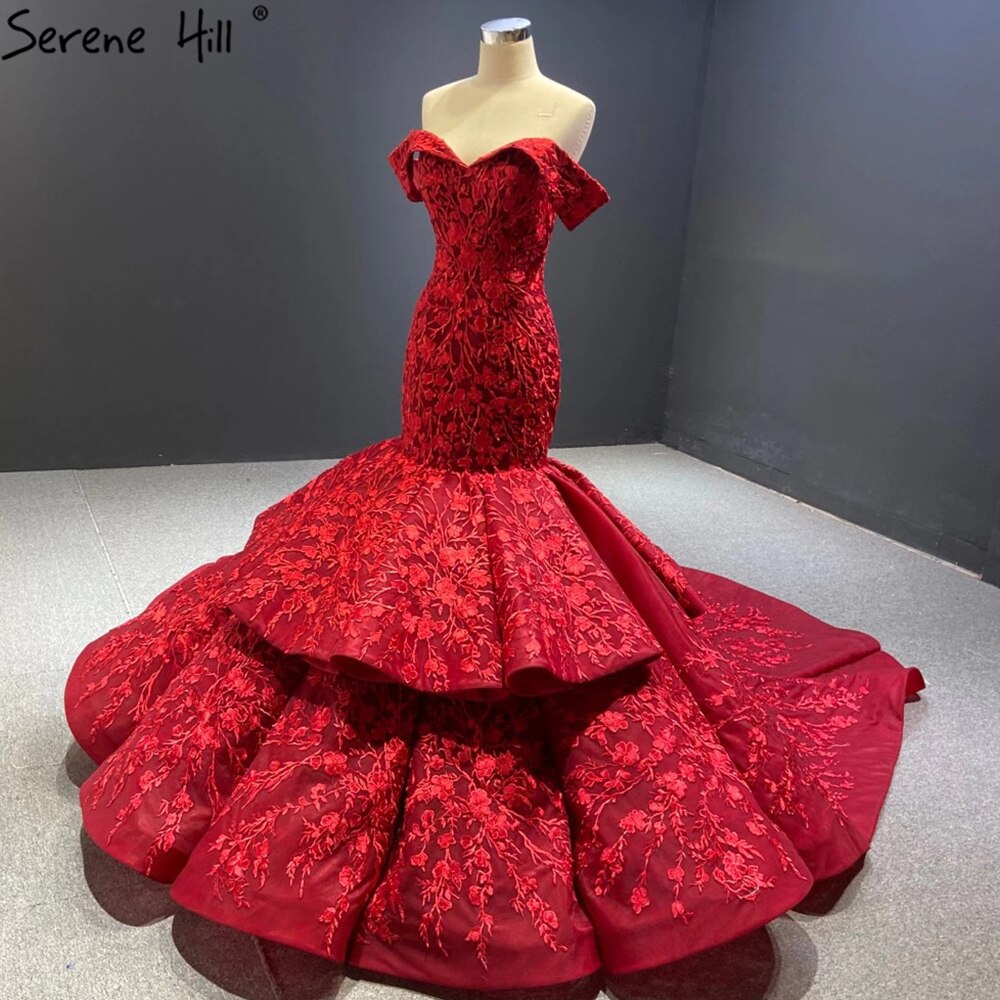 Serene Hill Wine Red Handmade Floral Mermaid Wedding Dress 2025 | Off-Shoulder Elegant Bridal Gown HA2462 | Custom Made for Beach Weddings & Romantic Ceremonies
